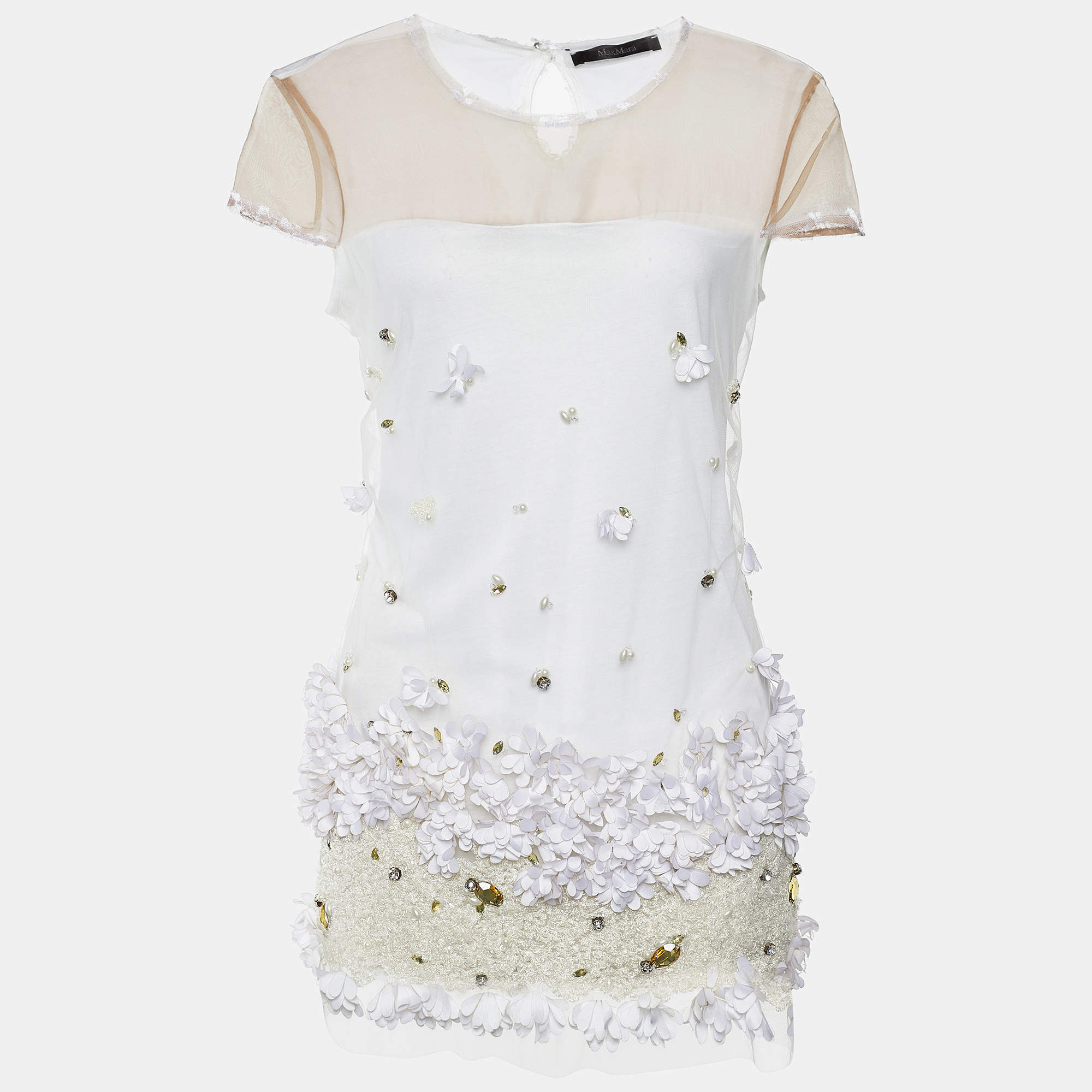 Max Mara White Mesh Crystal and Sequin Embellished Top M