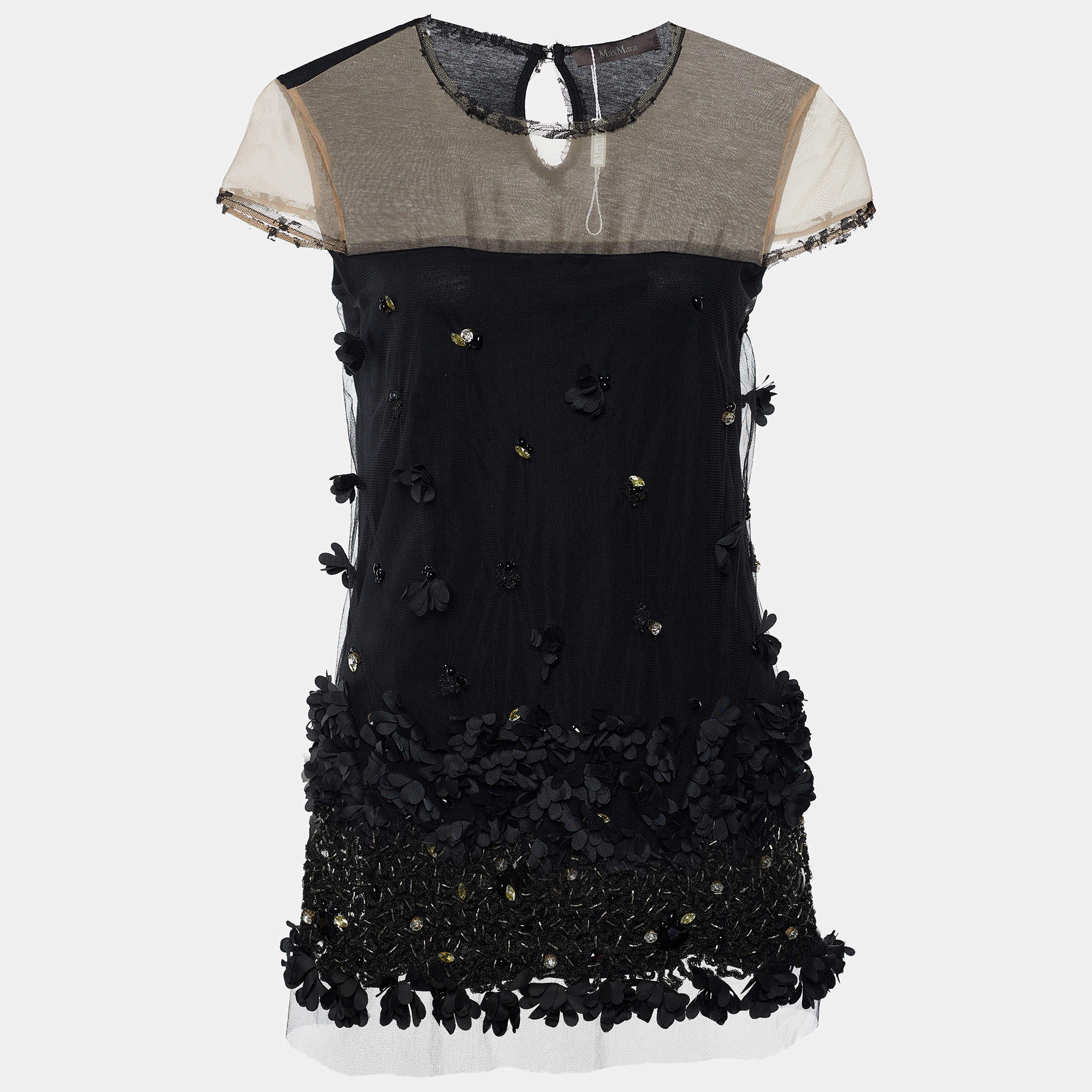 Pre Owned Max Mara Bicolor Cotton & Silk Floral Embellished Top S