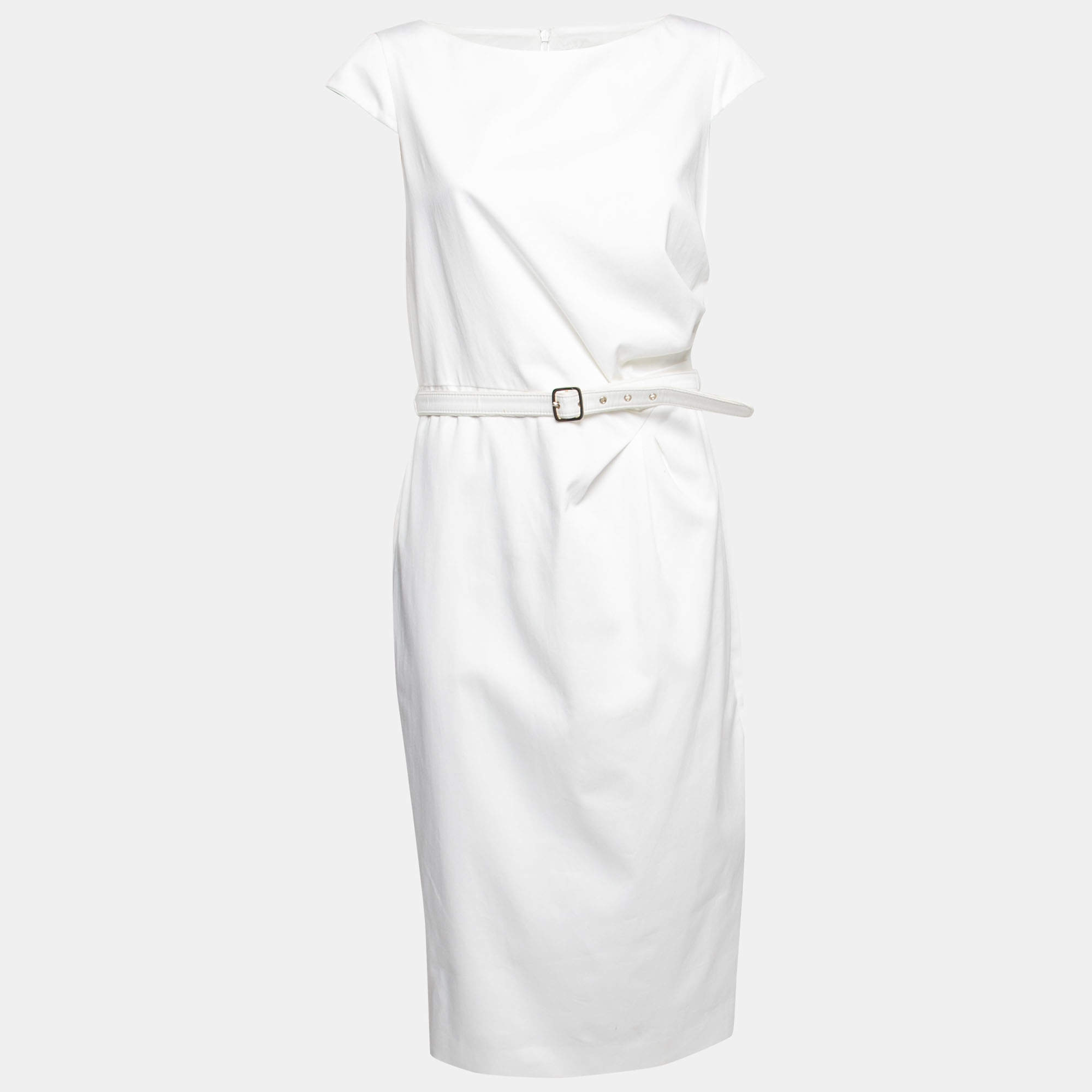 Pre Owned Max Mara White Cotton Cap Sleeve Belted Dress L
