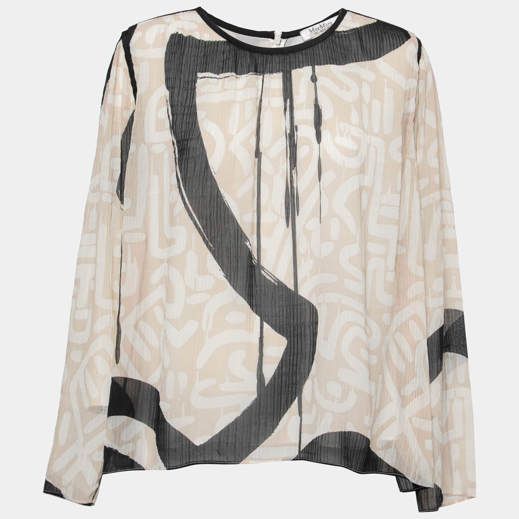 Pre Owned Max Mara Beige and Black Printed Textured Silk Long Sleeve Blouse XL