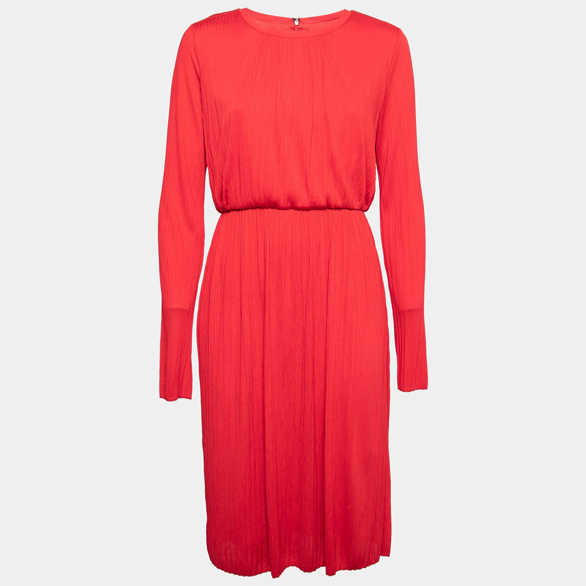 Pre Owned Max Mara Red Plisse Jersey Xiria Long Sleeve Dress L