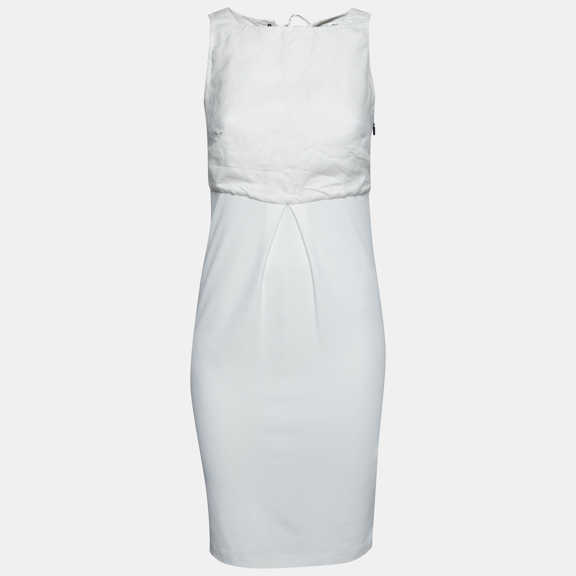 Pre Owned Max Mara White Linen & Jersey Tie-Up Detail Sleeveless Dress S