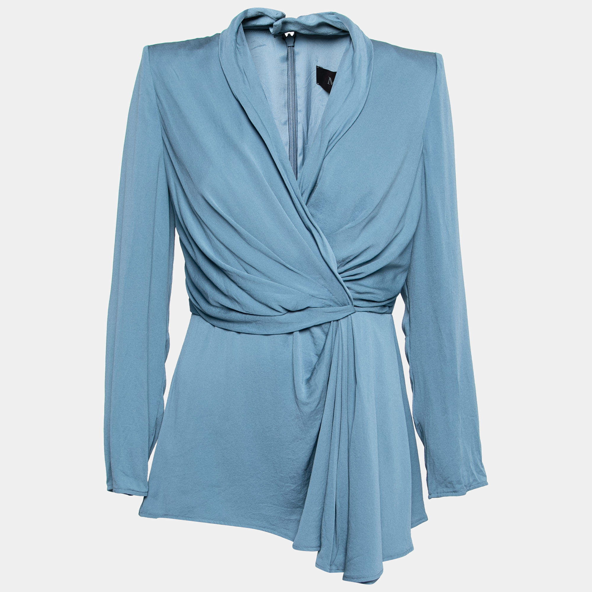 Pre Owned Max Mara Teal Silk Wrap Effect Long Sleeve Blouse L