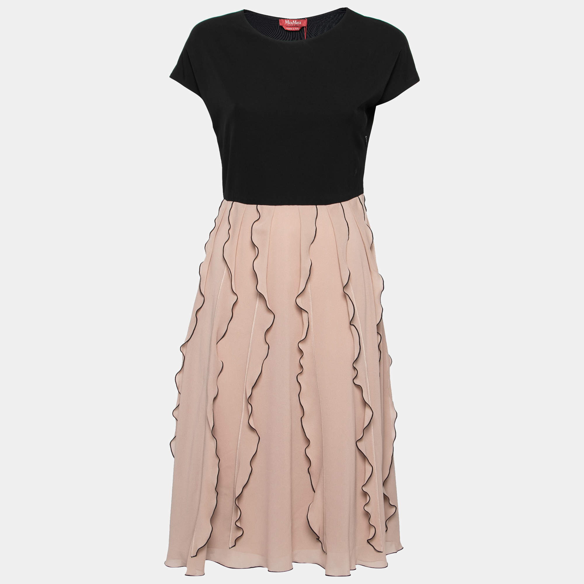 Max Mara Studio Black & Beige Chiffon Ruffled Midi Dress M