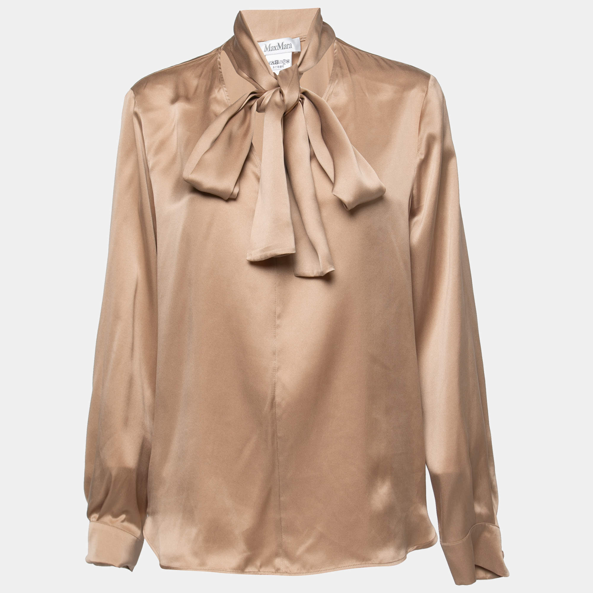 Pre Owned Max Mara Beige Satin Silk Neck Tie Detail Long Sleeve Blouse L