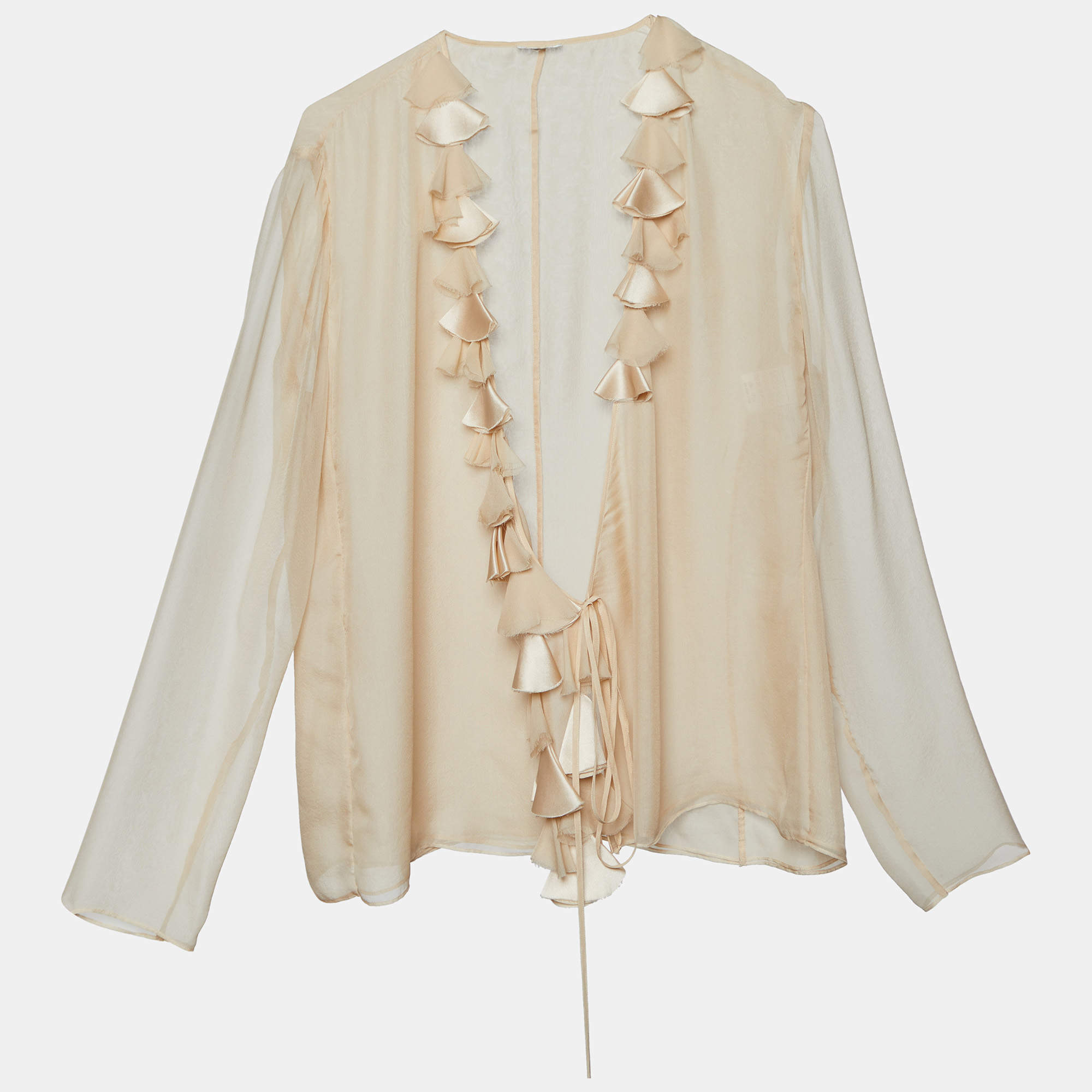 Max Mara Light Beige Silk Ruffle Detail Wrap Blouse L