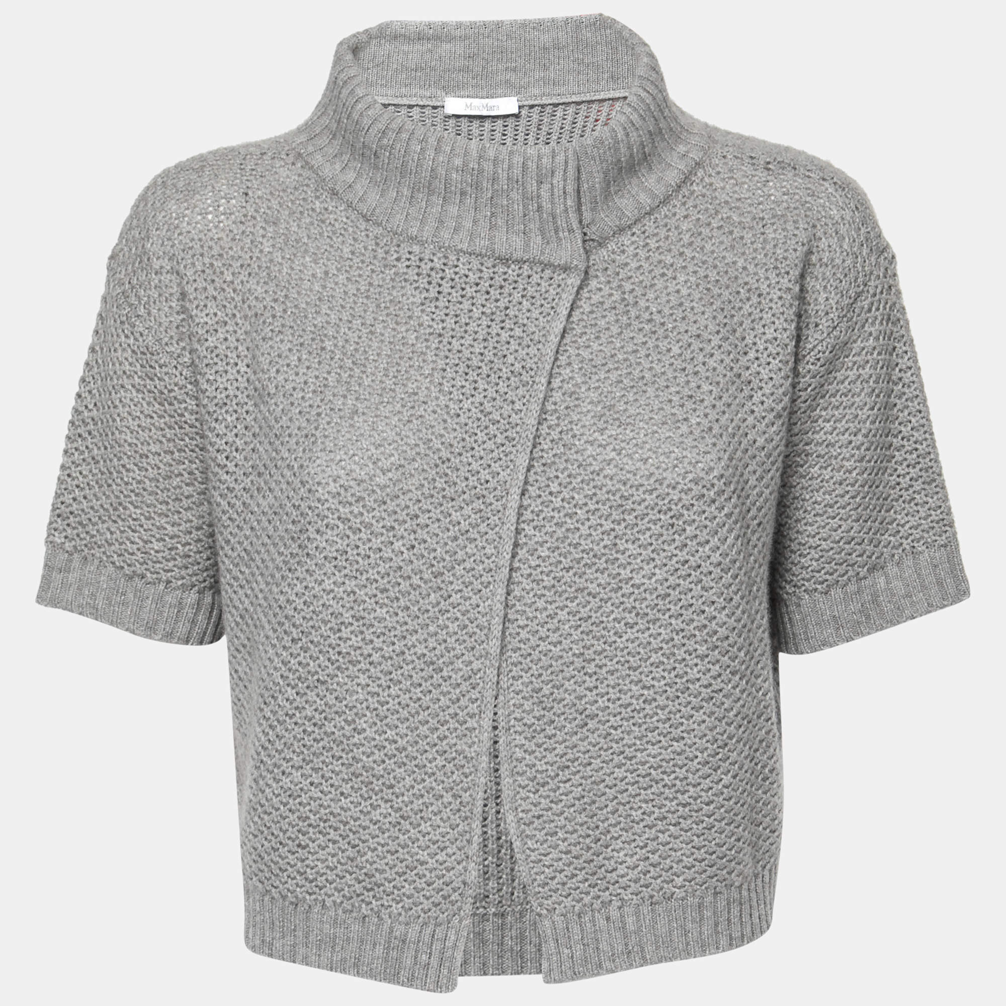 Pre Owned Max Mara Grey Cashmere Turtleneck Cropped Cardigan M
