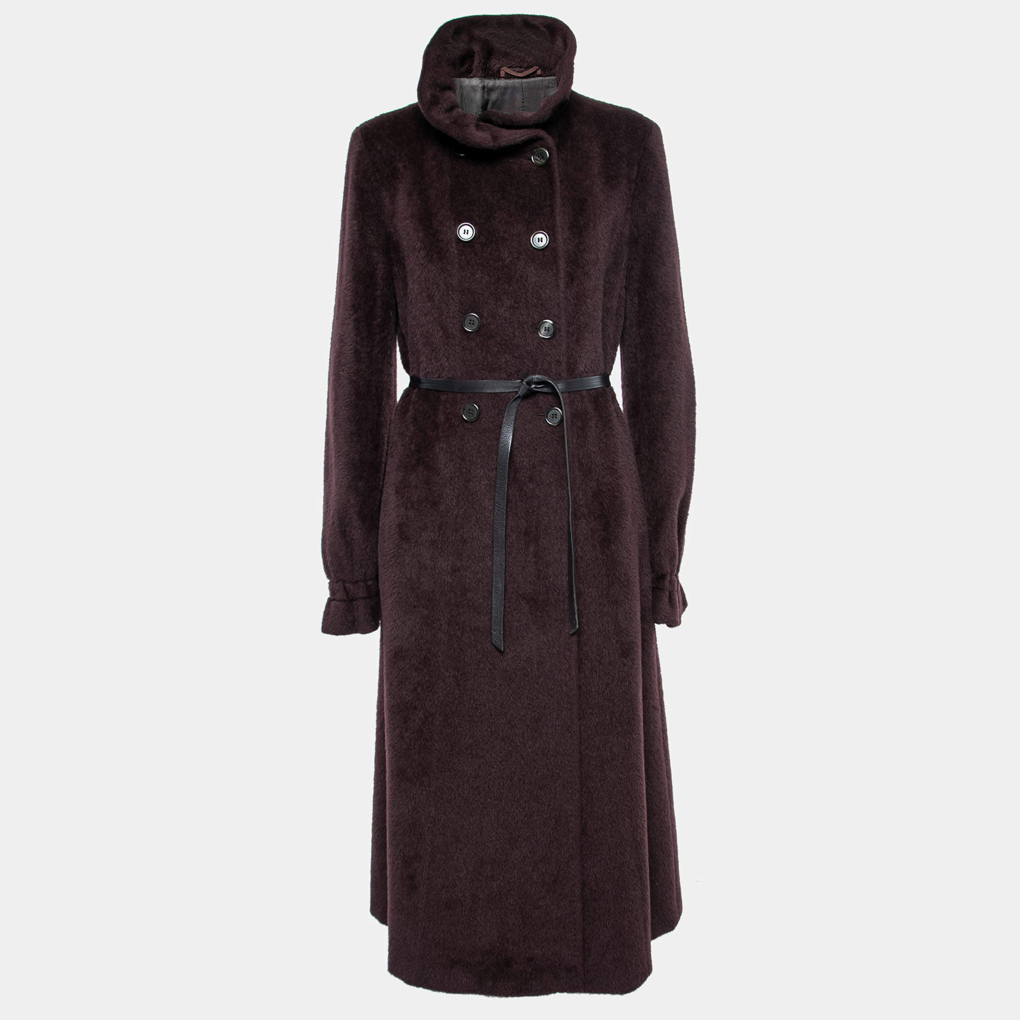 Pre Owned Max Mara Dark Purple Wool Detachable-Collar Belted Coat L   