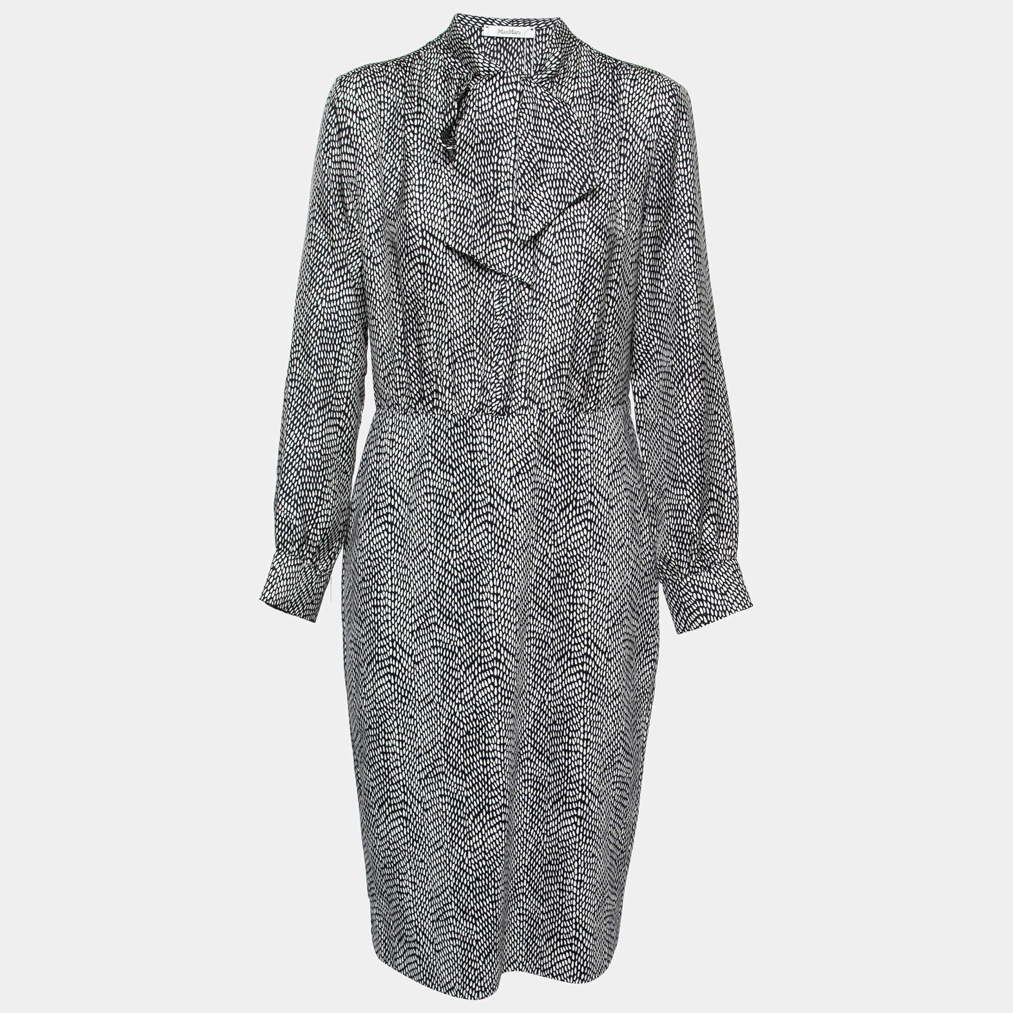 Pre Owned Max Mara Navy Blue Printed Silk & Knit Ponera Midi Dress L