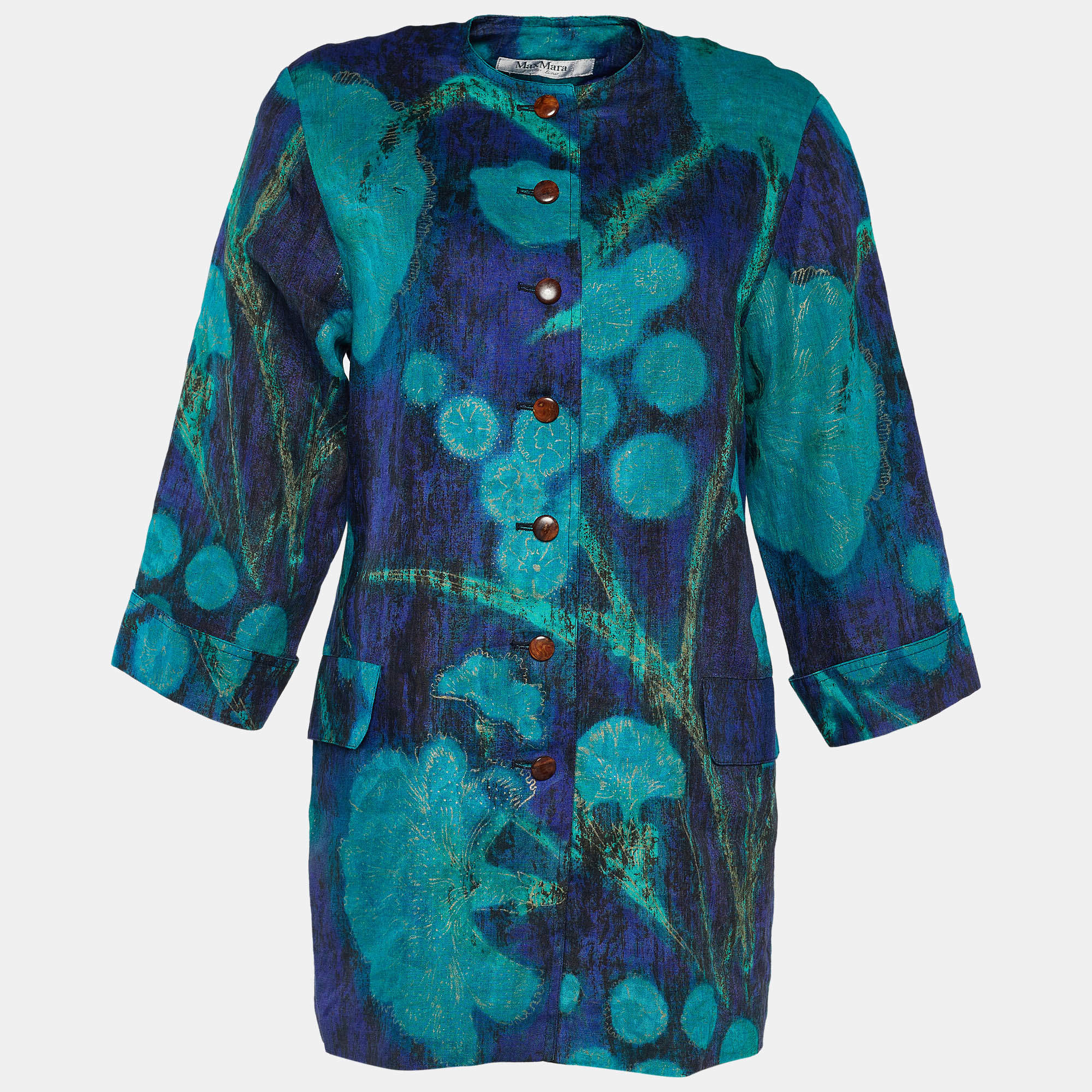 Pre Owned Max Mara Vintage Blue & Green Floral Print Linen Coat M