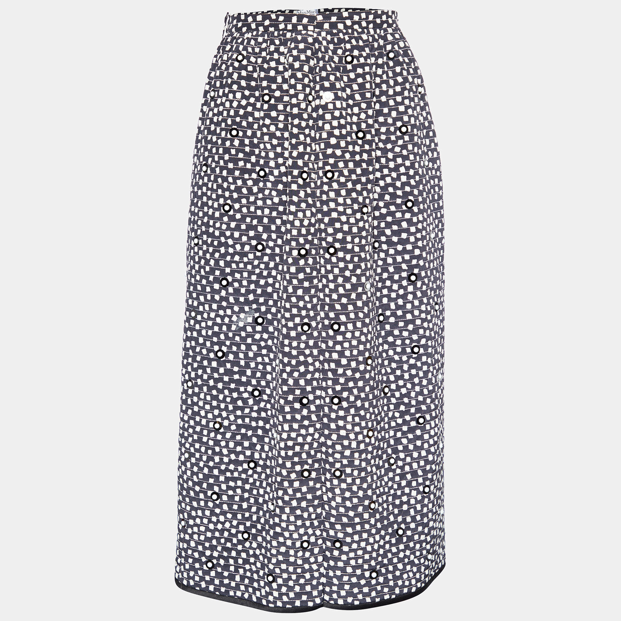Max Mara Monochrome Printed Silk Stud Detail Midi Skirt M