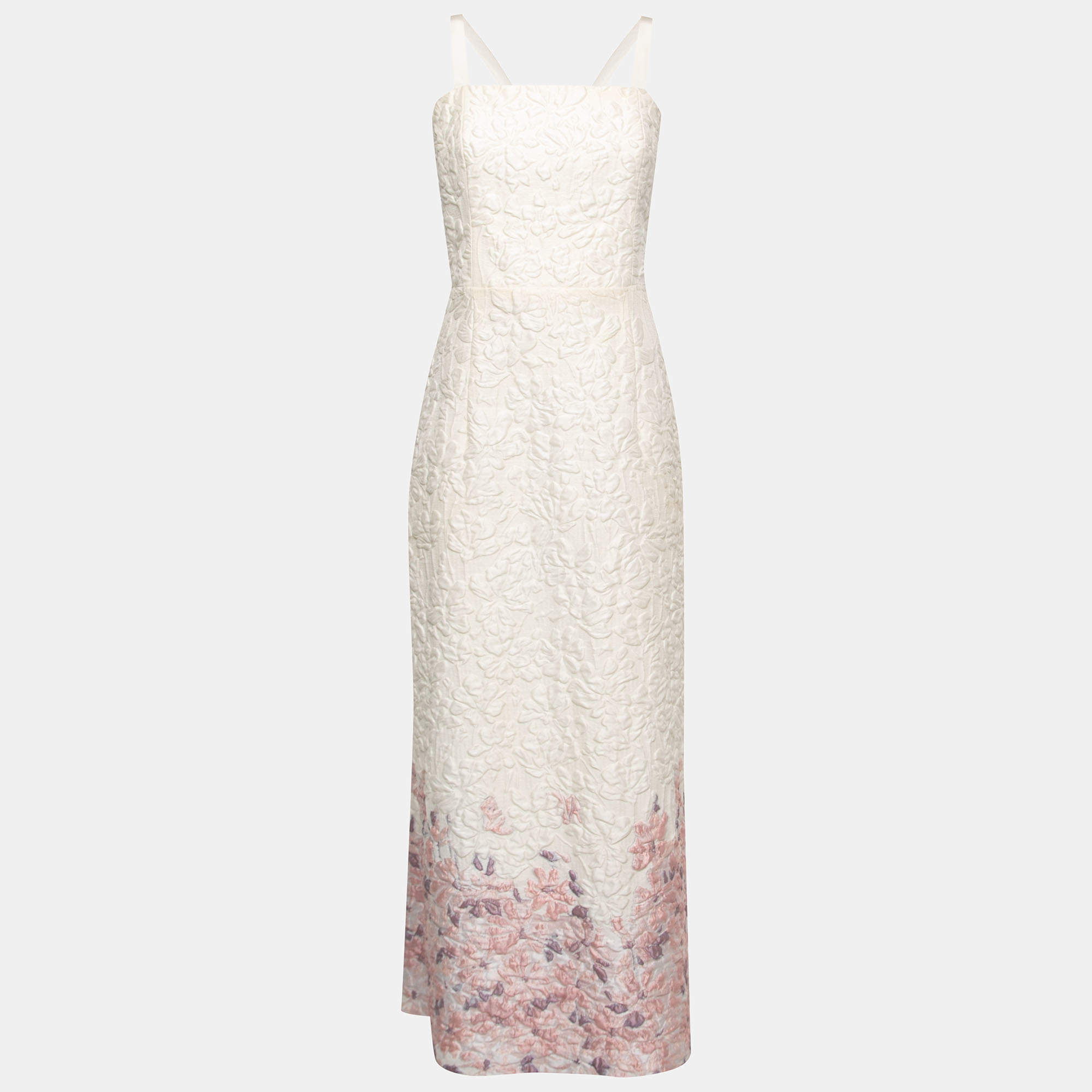 Pre Owned Max Mara Cream Floral Embossed Jacquard Gown M