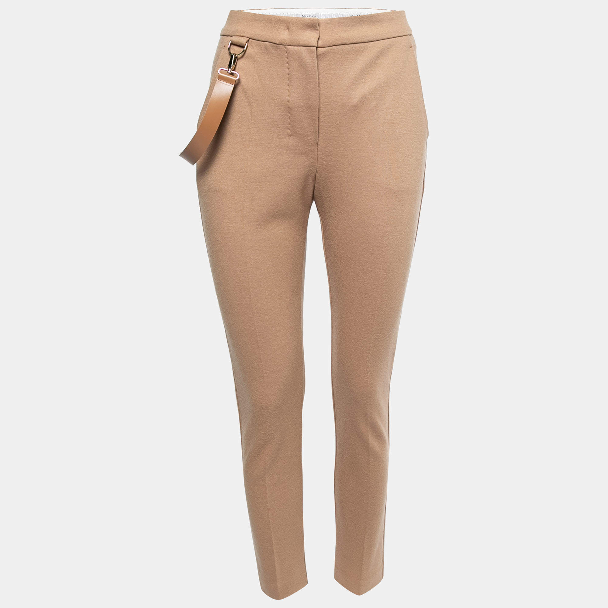 Pre Owned Max Mara Tan Brown Fleece Wool Slim Leg Trousers S