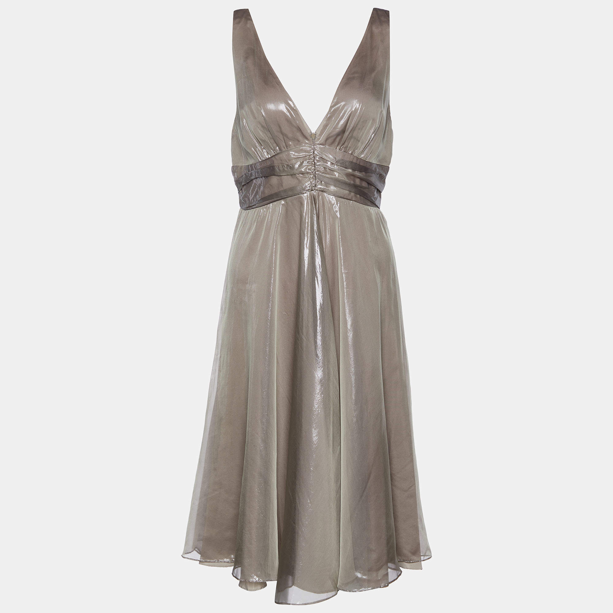 Pre Owned Max Mara Brown Lurex Silk Sleeveless Midi Dress L