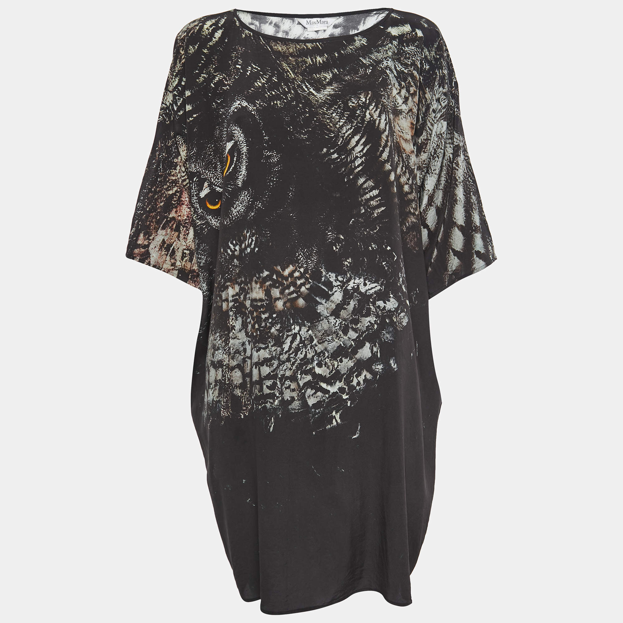Pre Owned Max Mara Black Owl Printed Silk Oversized Bianca Dress XL