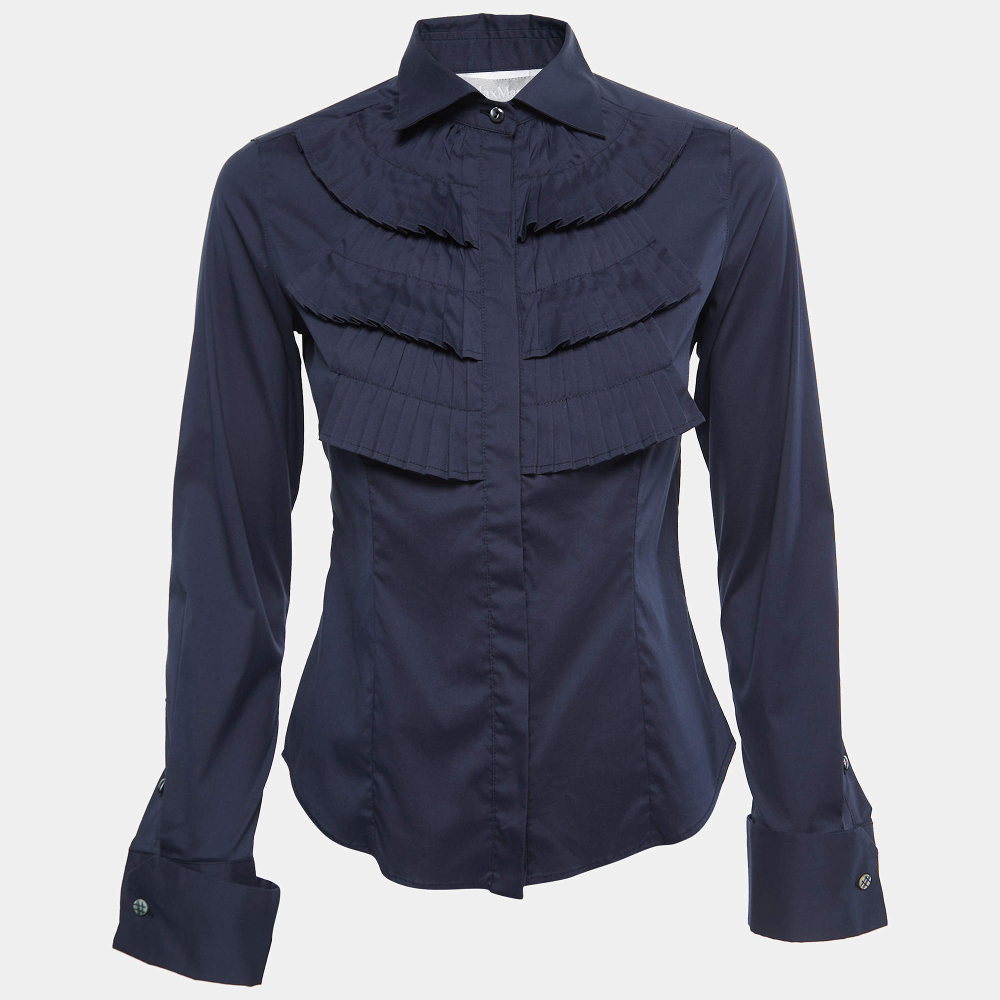 Max Mara Dark Blue Stretch Cotton Pleated Shirt XS