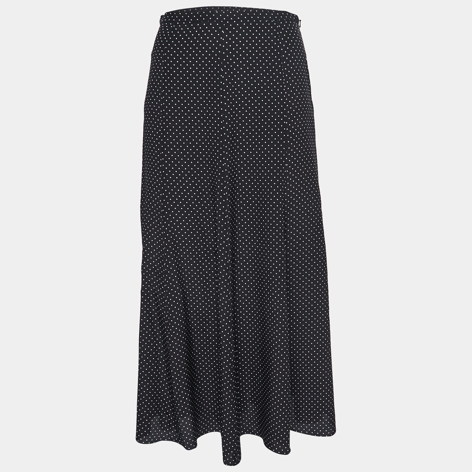 Max Mara Black Polka Dot Printed Silk Midi Skirt XS
