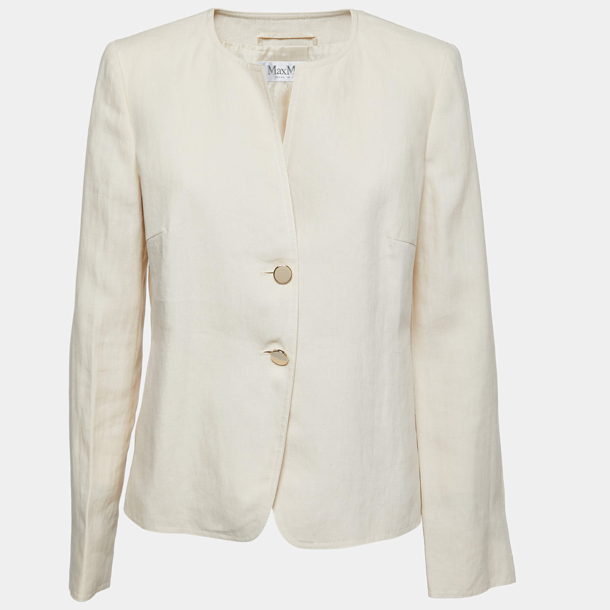Max Mara Cream Linen Round-Neck Buttoned Blazer L