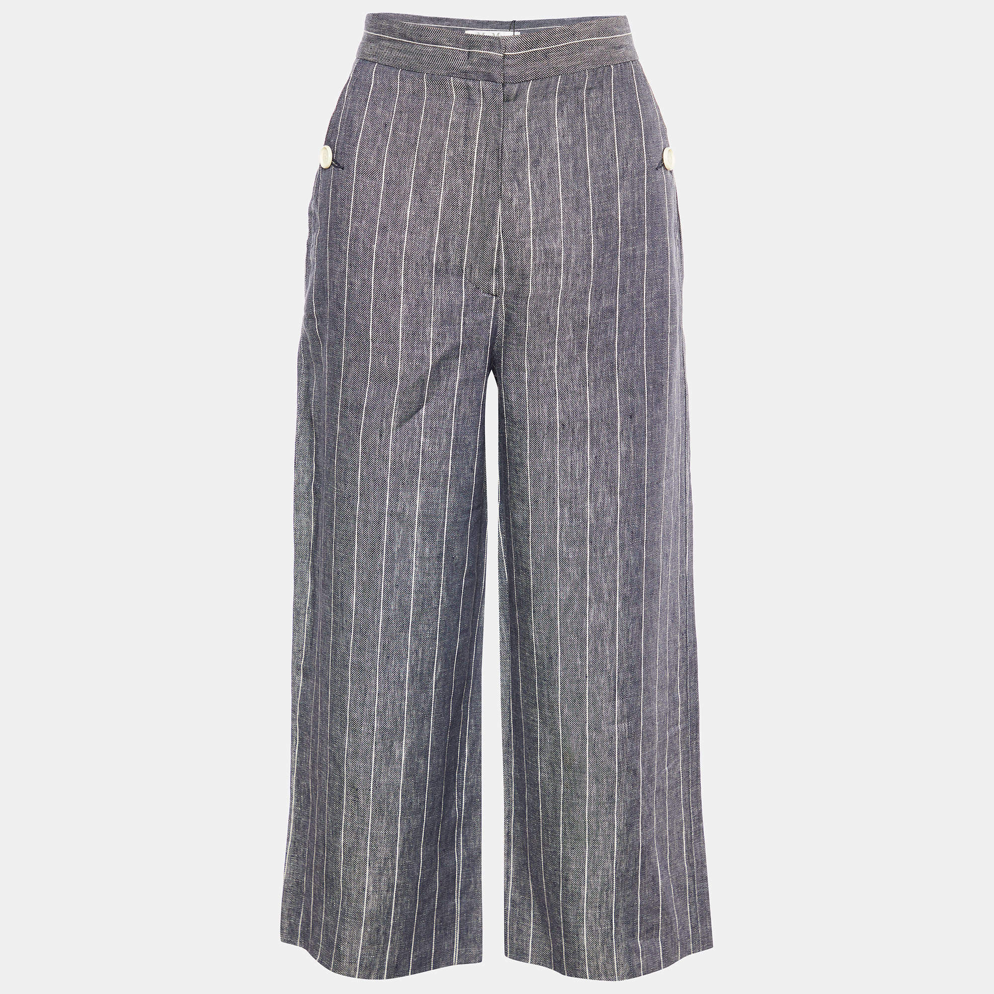 Pre Owned Max Mara Blue Striped Linen Wide Leg Trousers S