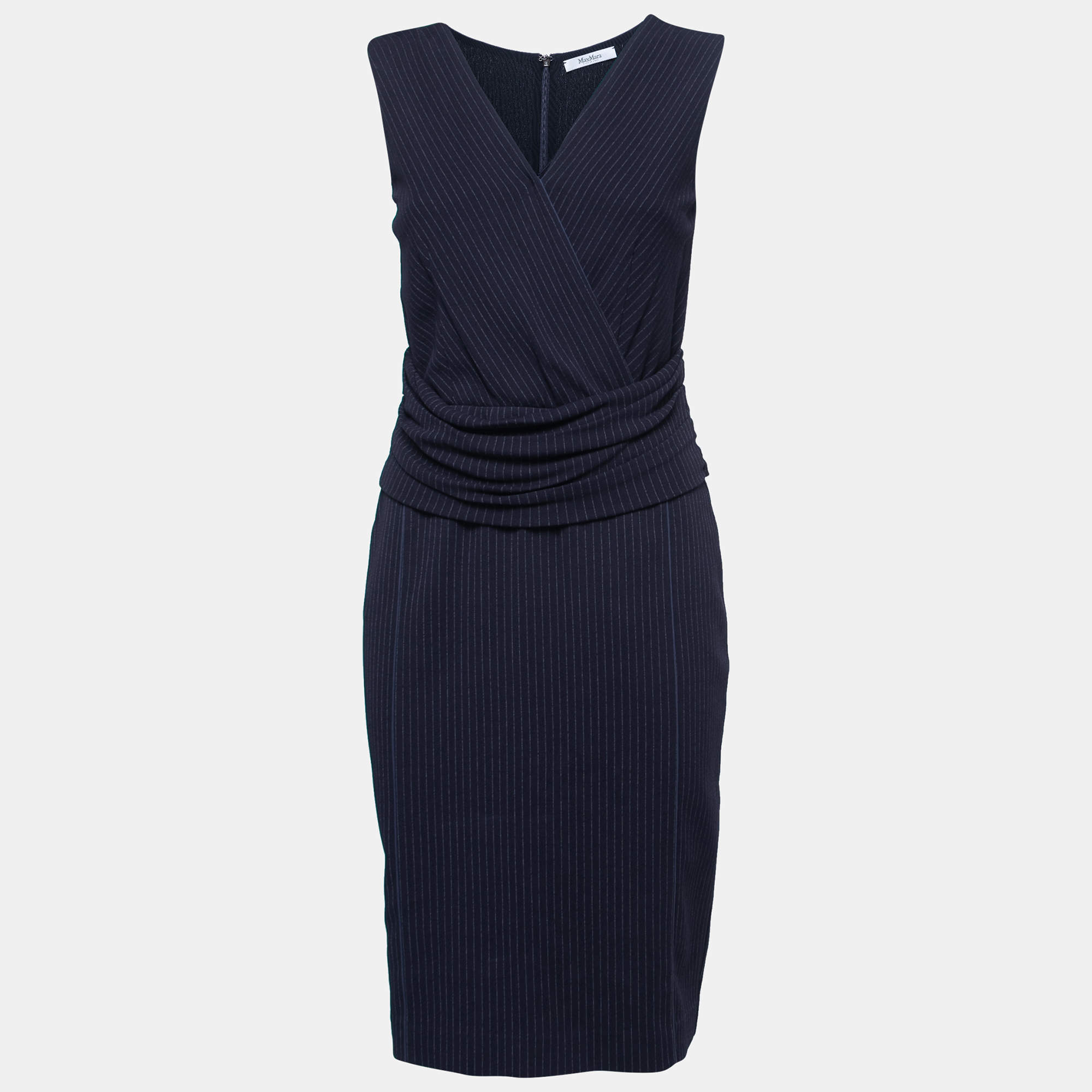 Pre Owned Max Mara Navy Blue Striped Draped Jersey & Crepe Sleeveless Midi Dress M