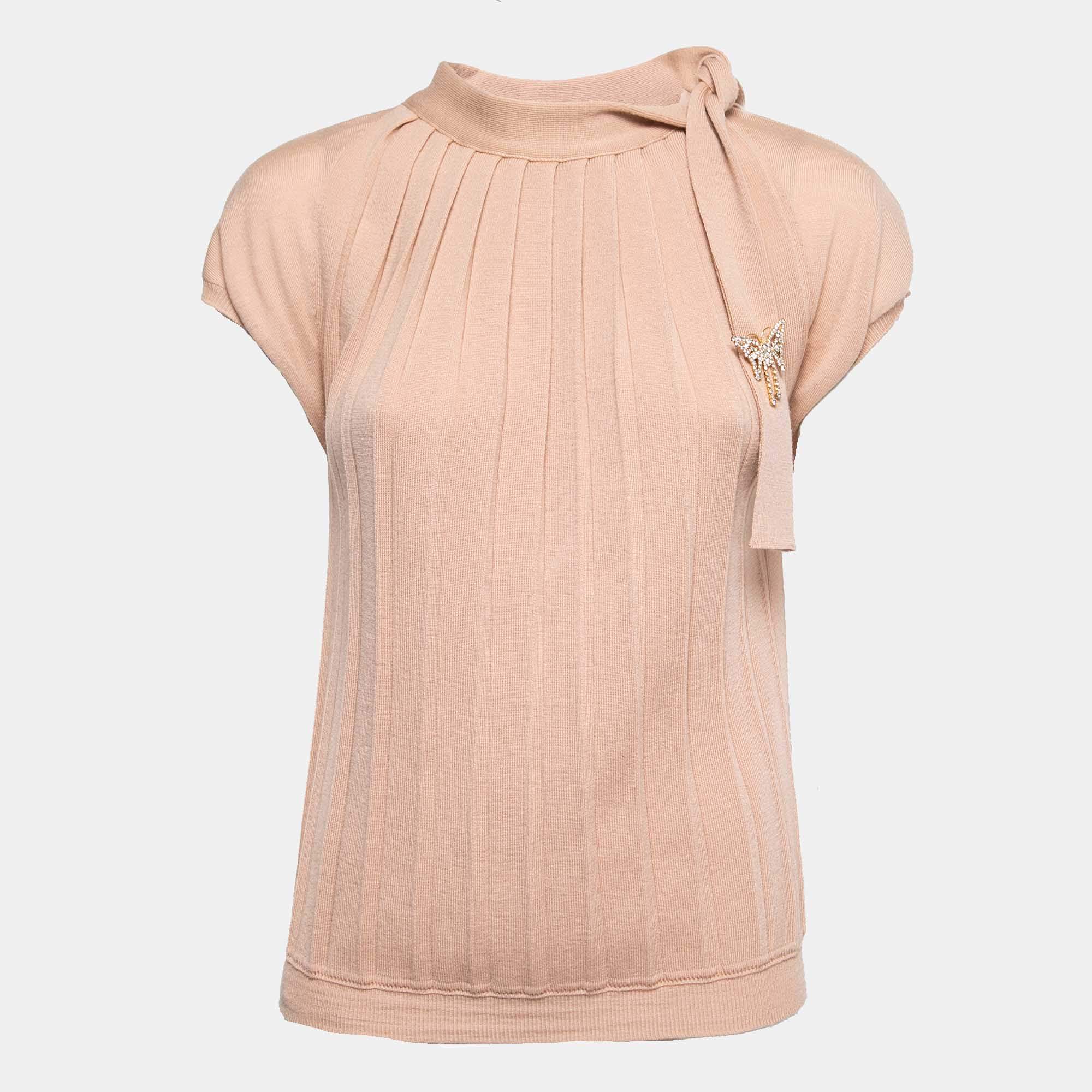 Pre Owned Max Mara Light Pink Wool Pleated Tie Neck Knit Top M