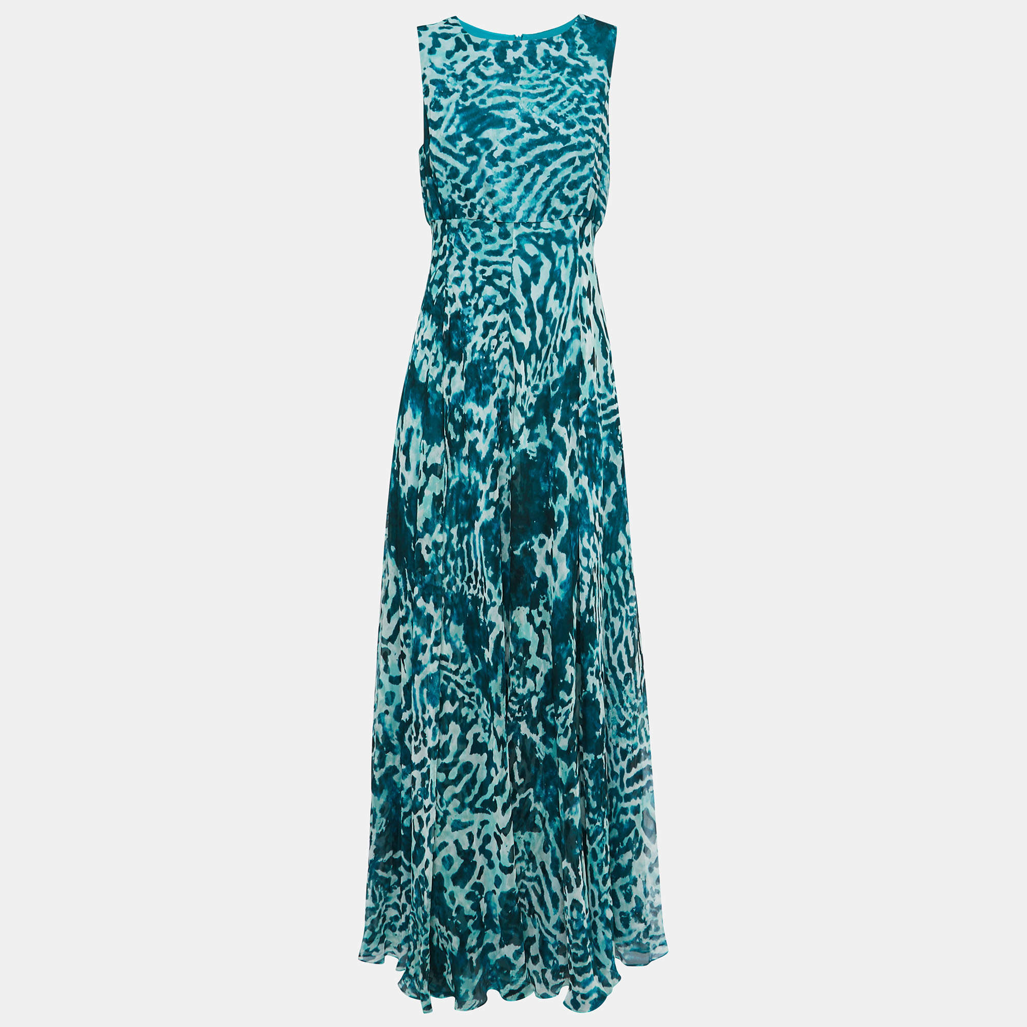 Pre Owned Max Mara Teal Blue Abstract Printed Chiffon Sleeveless Maxi Dress M