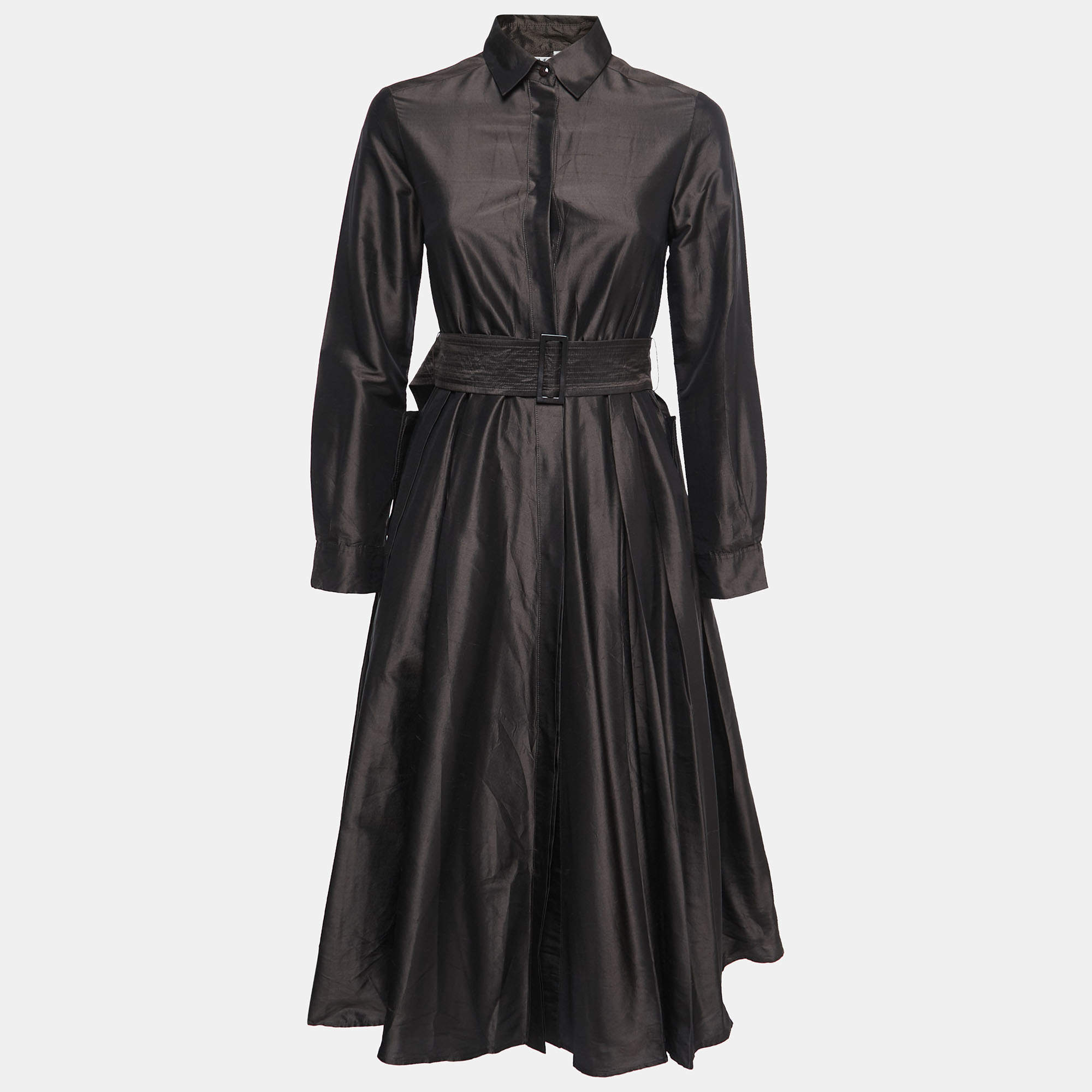 Pre Owned Max Mara Dark Brown Silk Belted Shirt Dress S