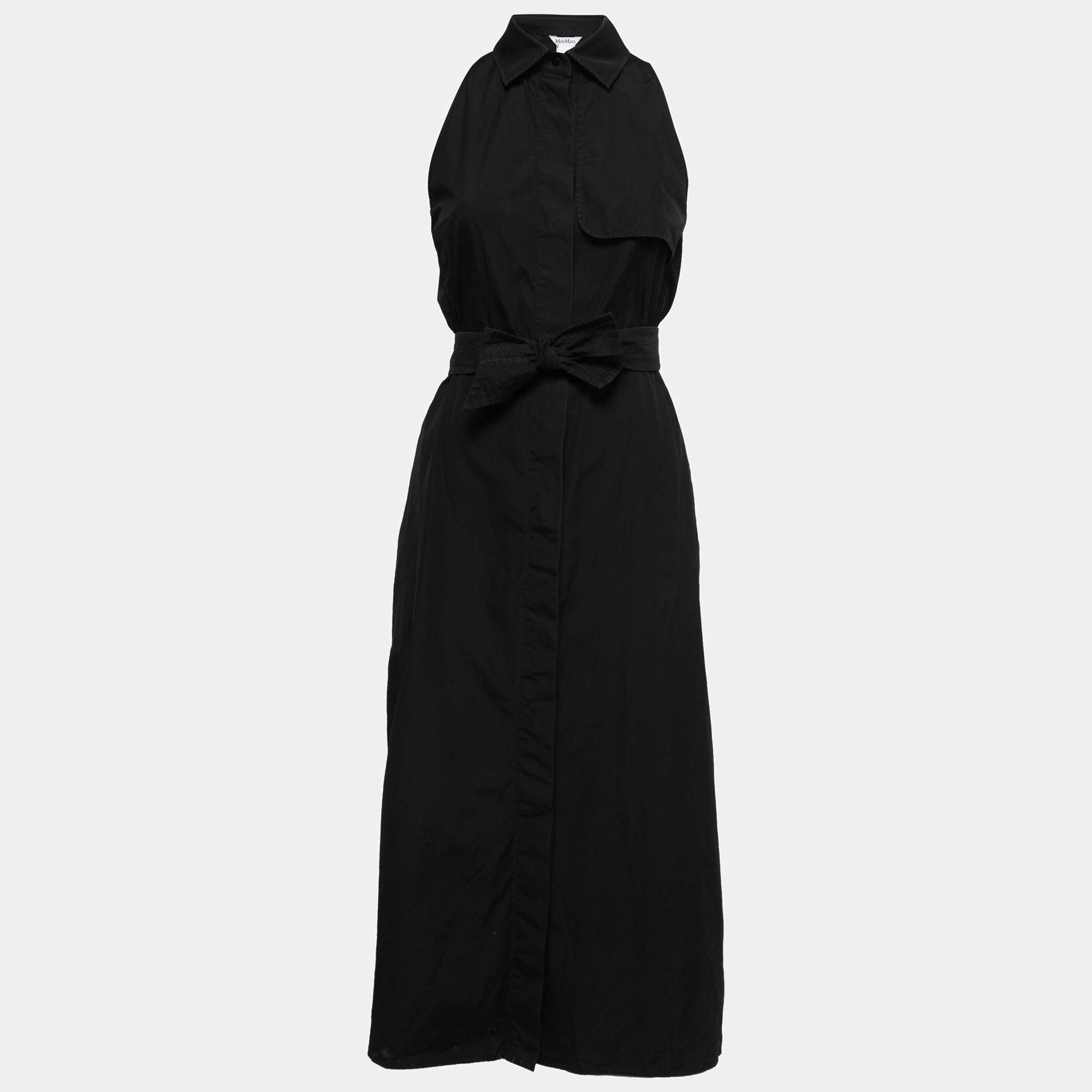 Pre Owned Max Mara Black Cotton Button Front Tie Detailed Sleeveless Midi Dress M