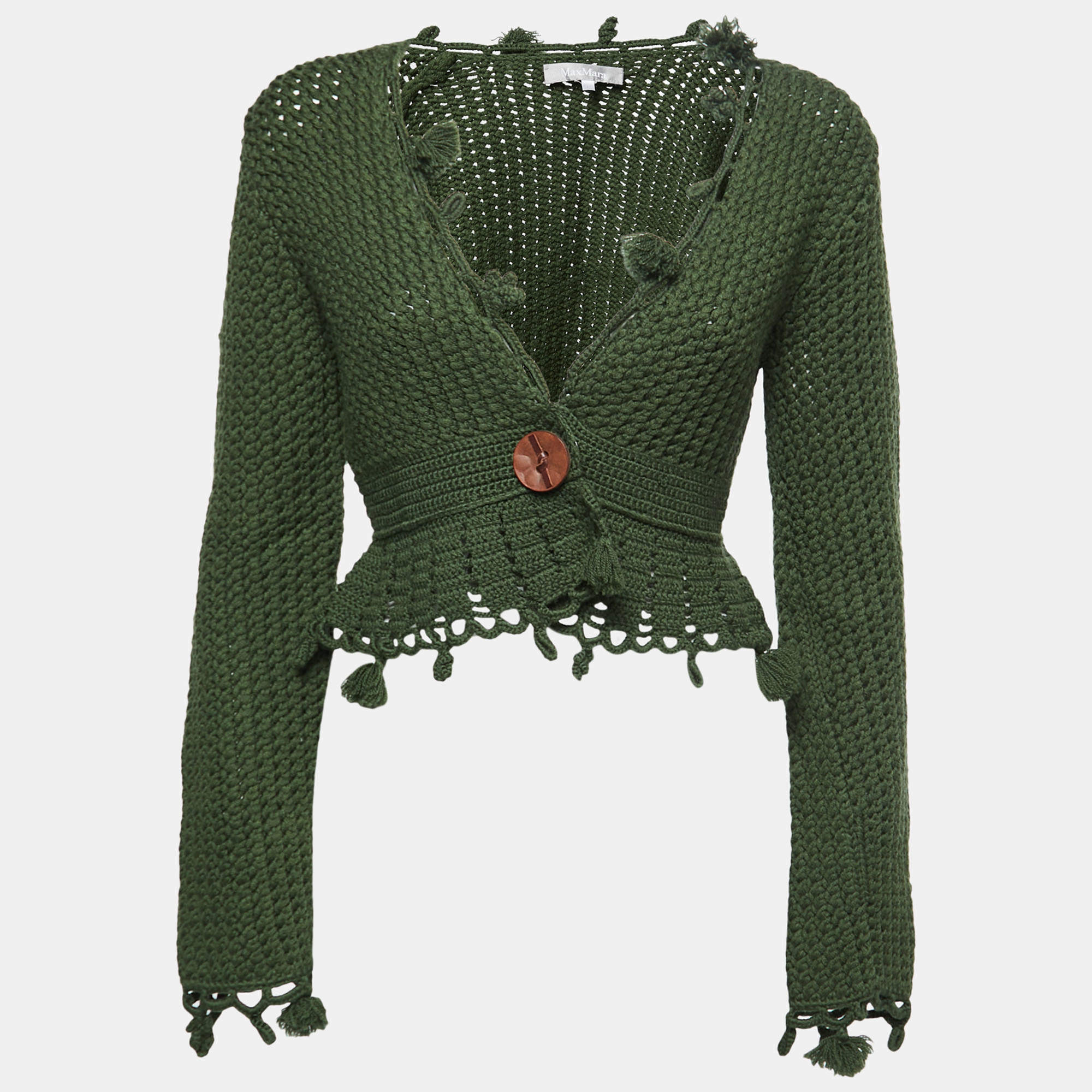 Pre Owned Max Mara Olive Green Wool Crochet Knit Crop Cardigan L