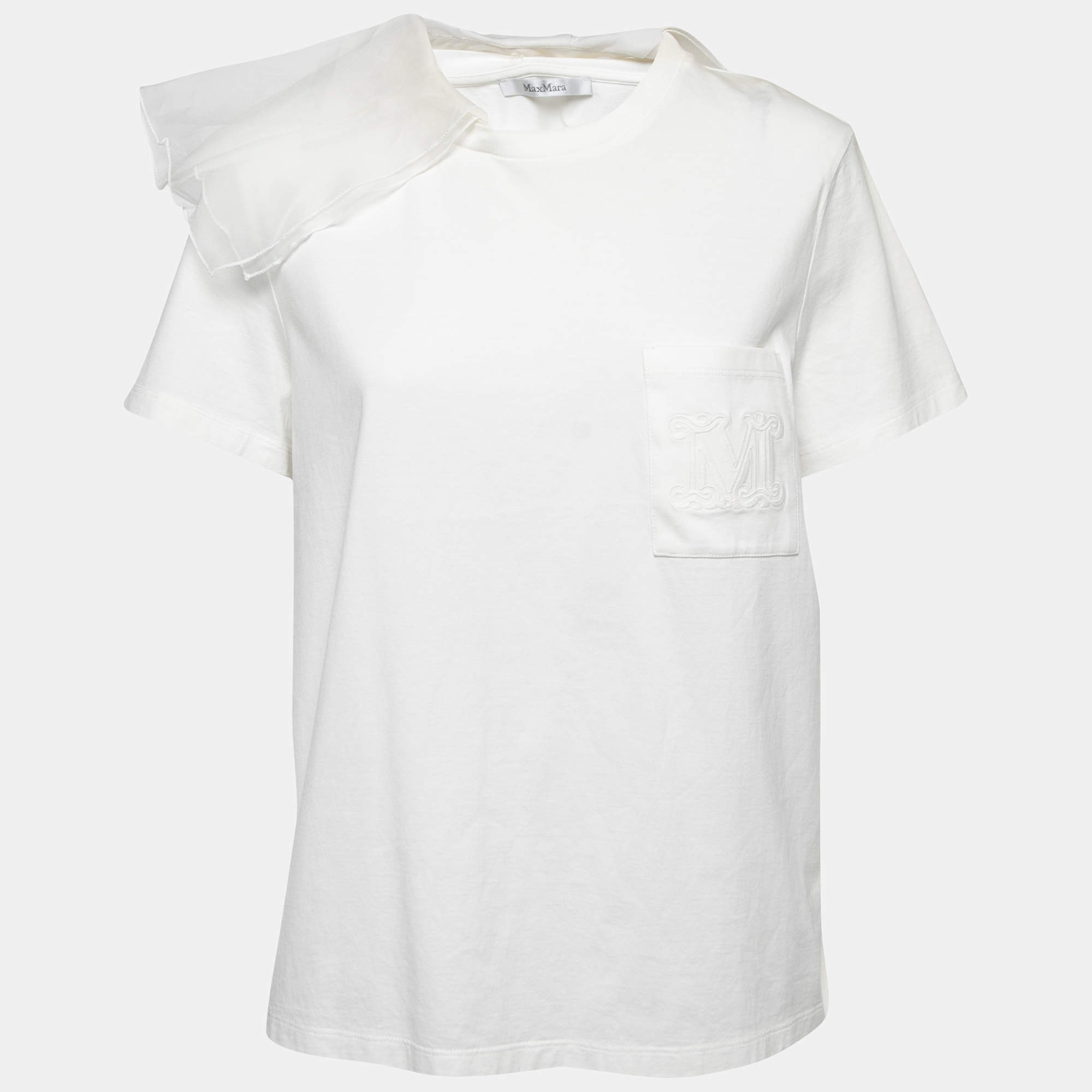 Pre Owned Max Mara White Cotton Ruffled Embroidered T-Shirt XL
