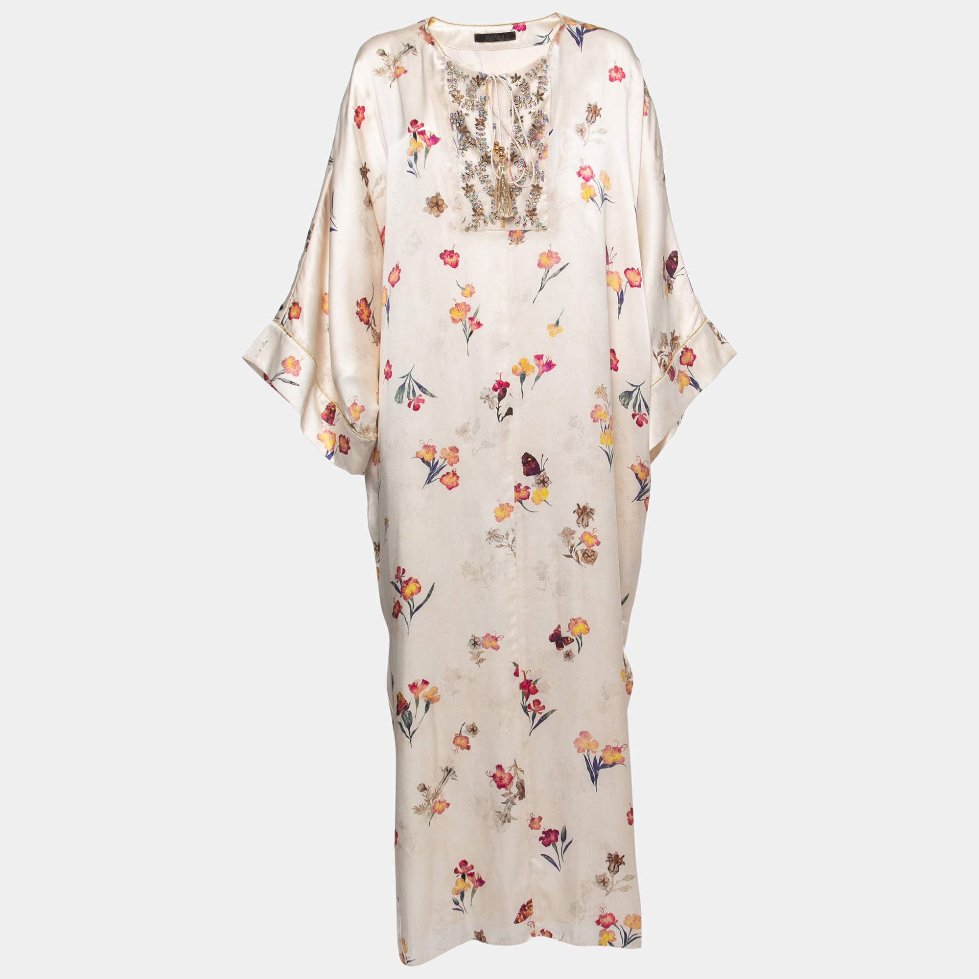 Pre Owned Max Mara Cream Embellished Floral Printed Silk Tie Detail Maxi Kaftan M