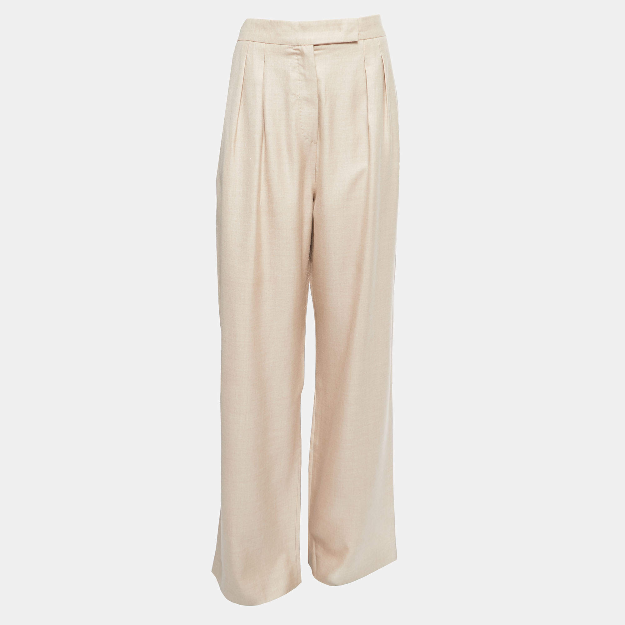 Pre Owned Max Mara Beige Silk & Wool High Waist Straight Fit Trousers XL