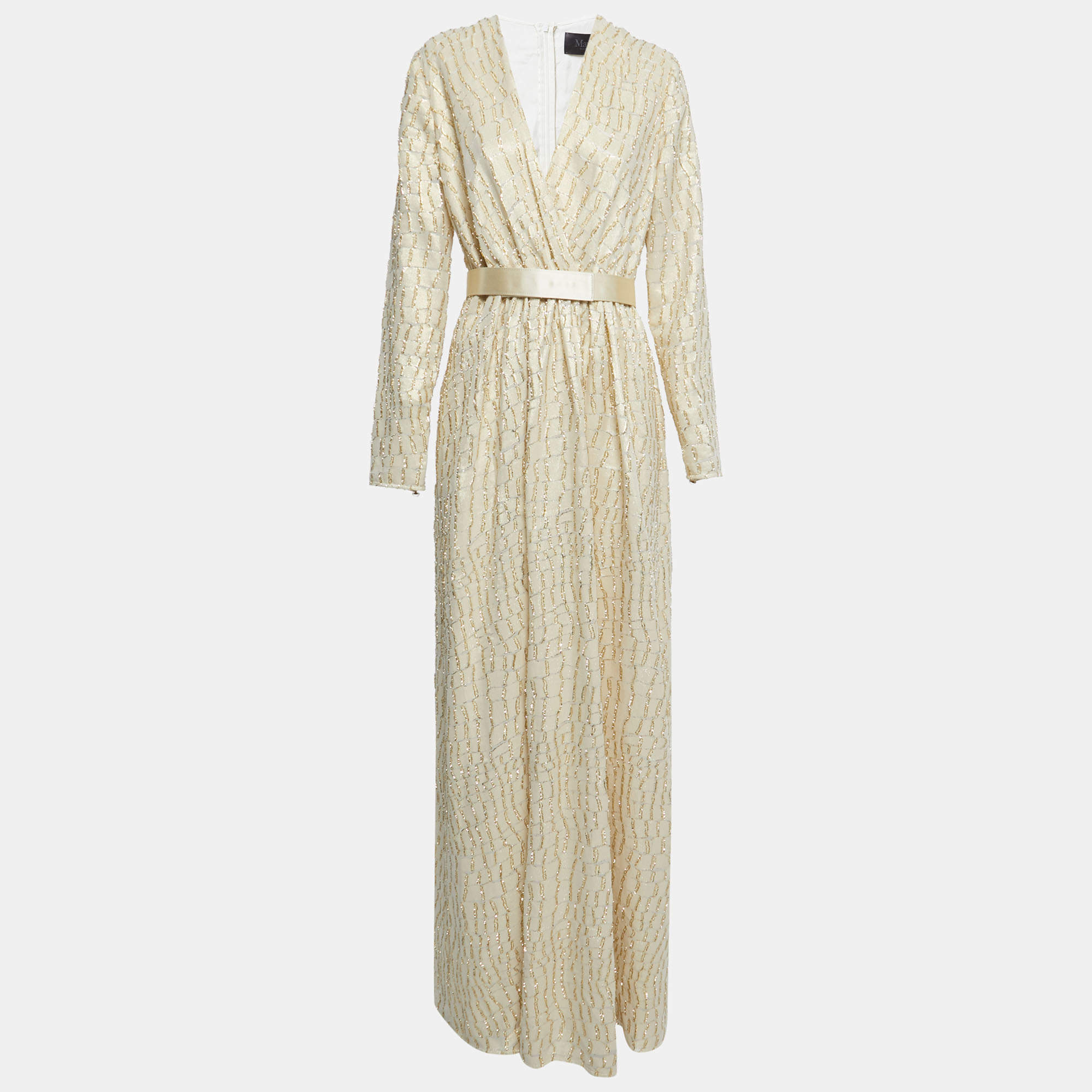 Pre Owned Max Mara Cream Lurex & Silk Long Sleeve Belted Maxi Dress M