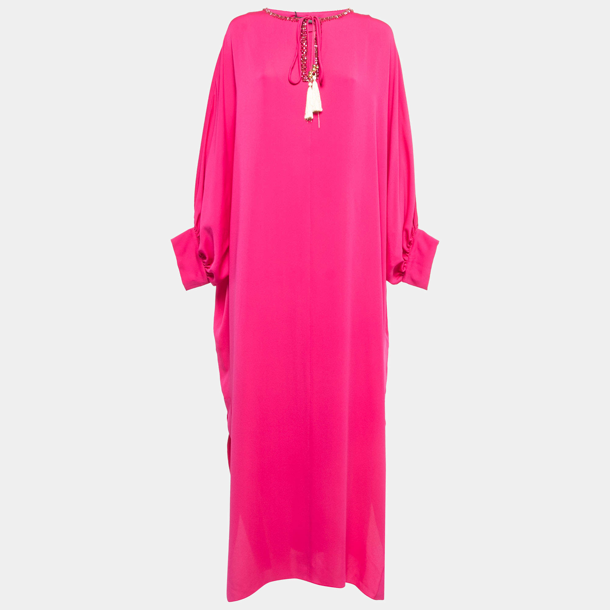 Max Mara Pink Silk Embellished Neck Ocroma Maxi Kaftan L