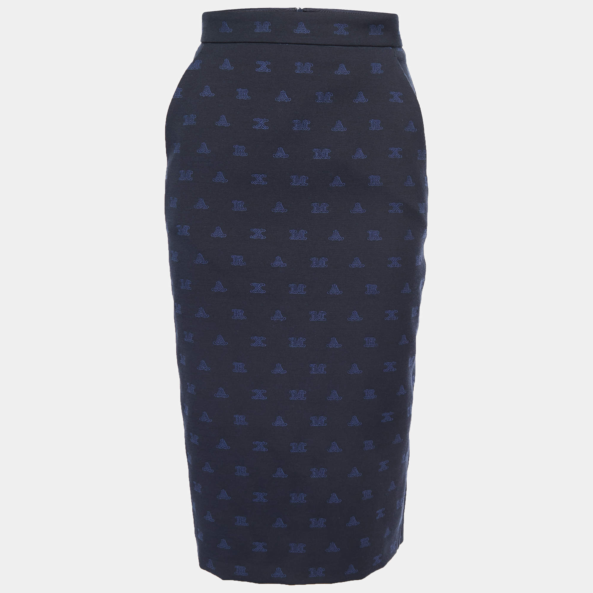Max Mara Navy Blue Alphabets Patterned Cotton Blend Pencil Skirt XS
