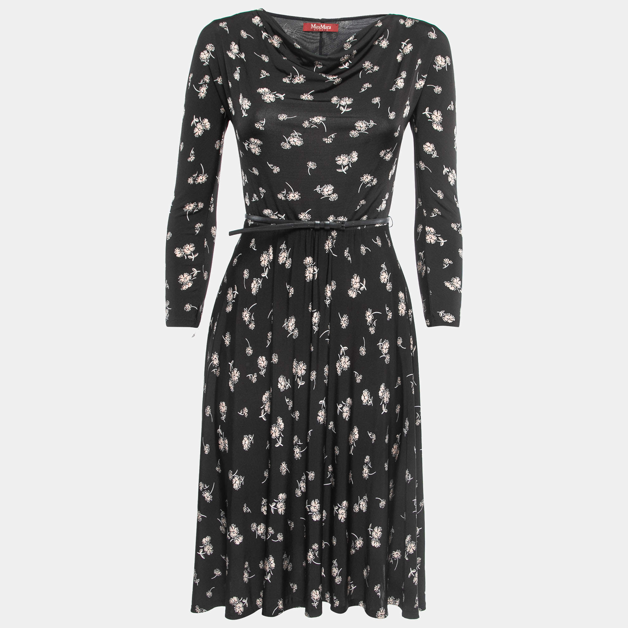 Pre Owned Max Mara Black Floral Print Jersey Cowl Neck Belted Flared Short Dress S