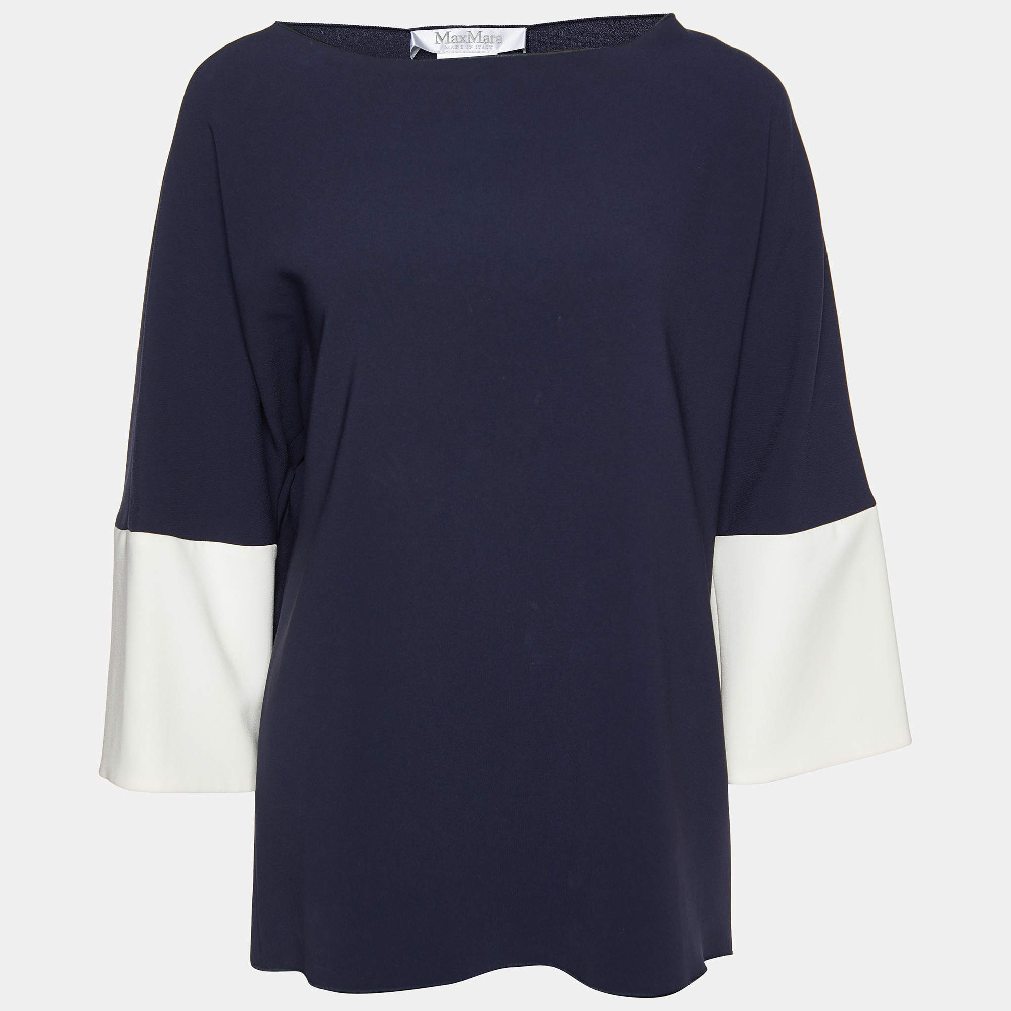 Pre Owned Max Mara Navy Blue Crepe Contrast Detail Top M