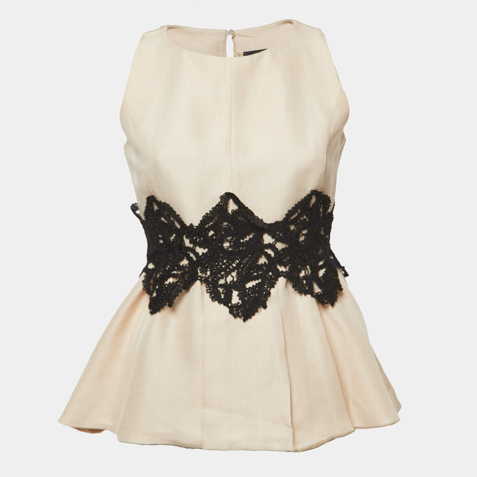 Pre Owned Max Mara Cream Silk Blend Lace Trimmed Sleeveless Peplum Top S