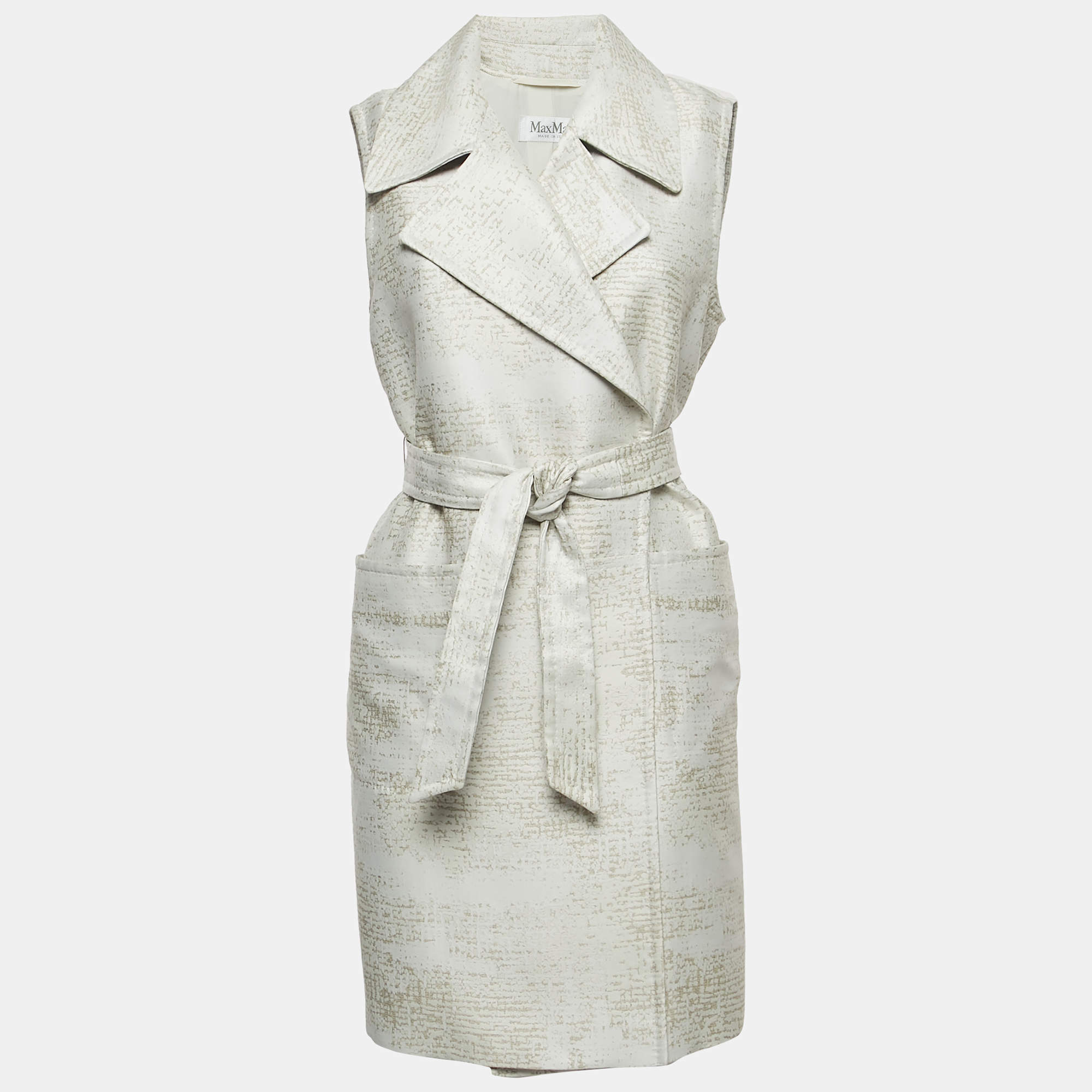 Max Mara White Jacquard Sleeveless Belted Coat M