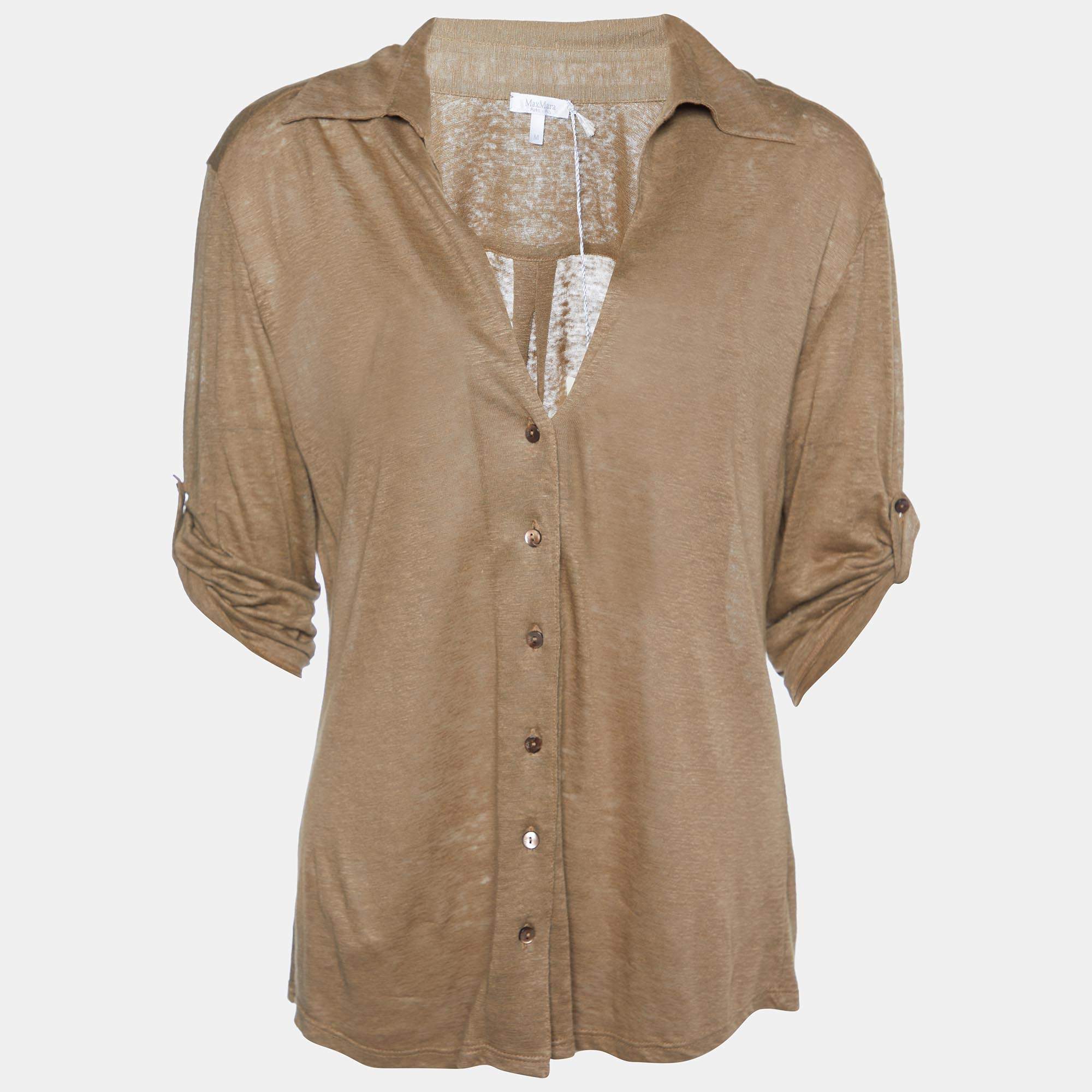 Max Mara Light Brown Linen Knit Collared Button Front Top M
