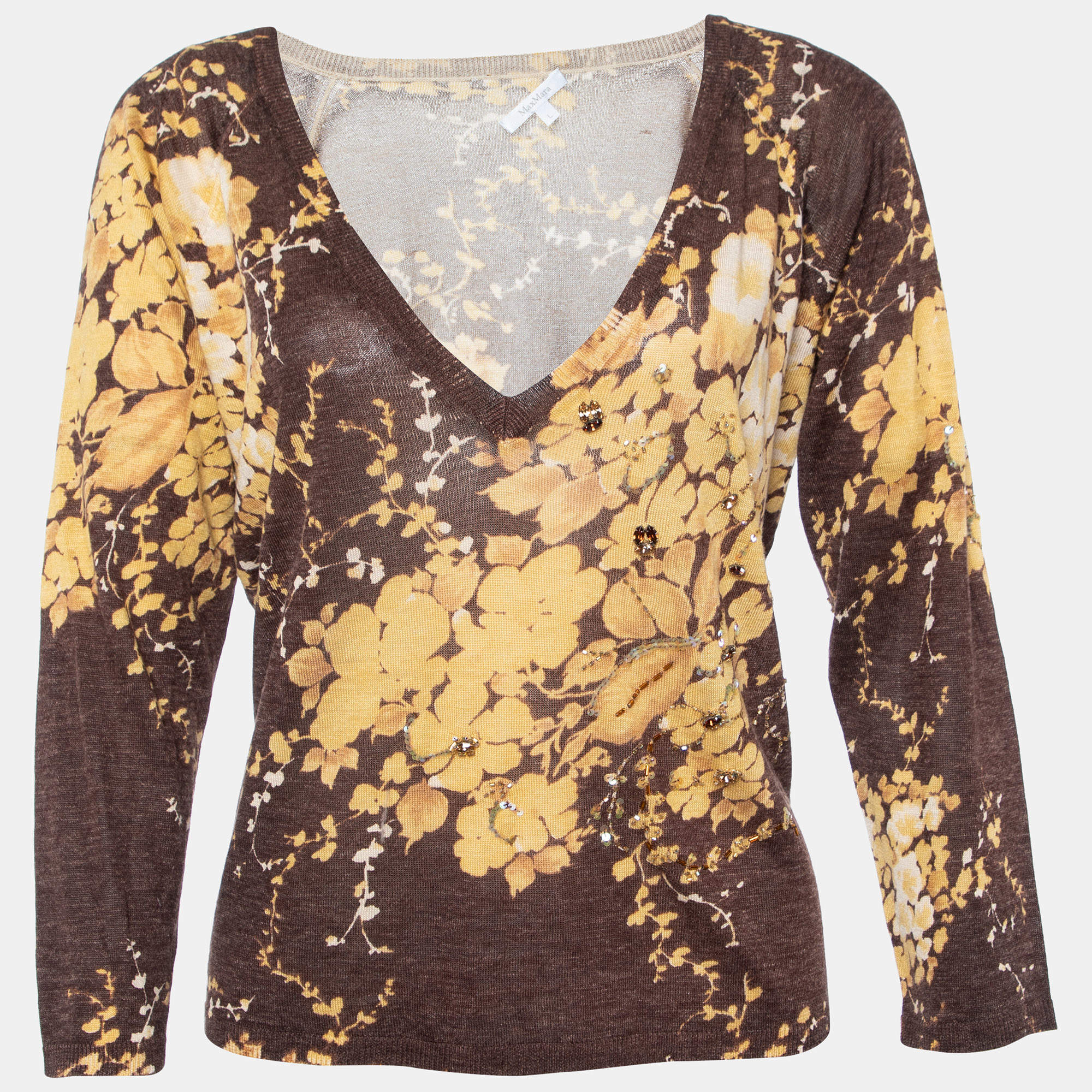Pre Owned Max Mara Brown Floral Printed Silk & Linen Knit Embellished V-Neck Top L