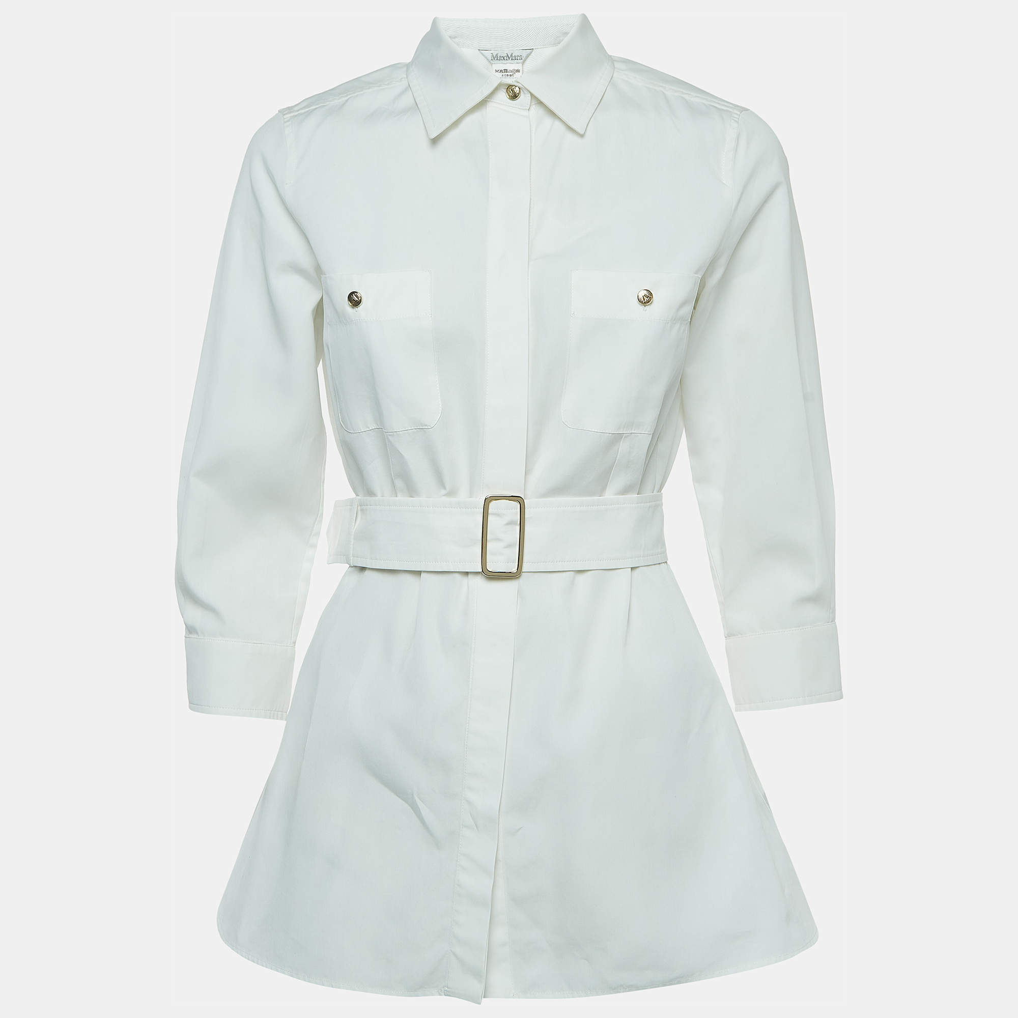 Pre Owned Max Mara White Cotton Button Front Belted Tunic Top S