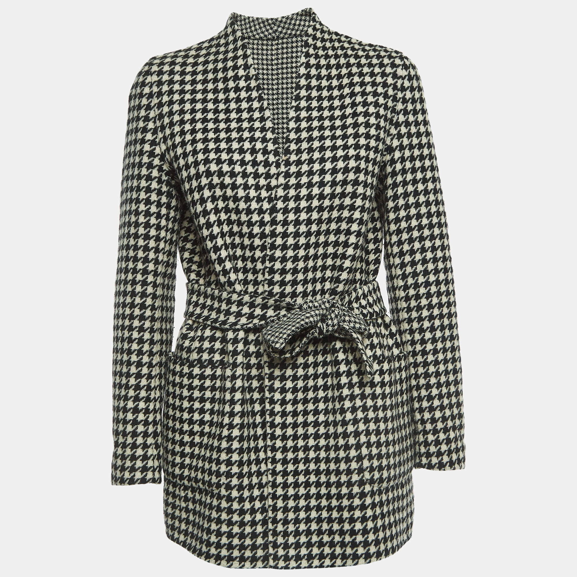 Max Mara White/Black Houndstooth Check Wool Reversible Coat L