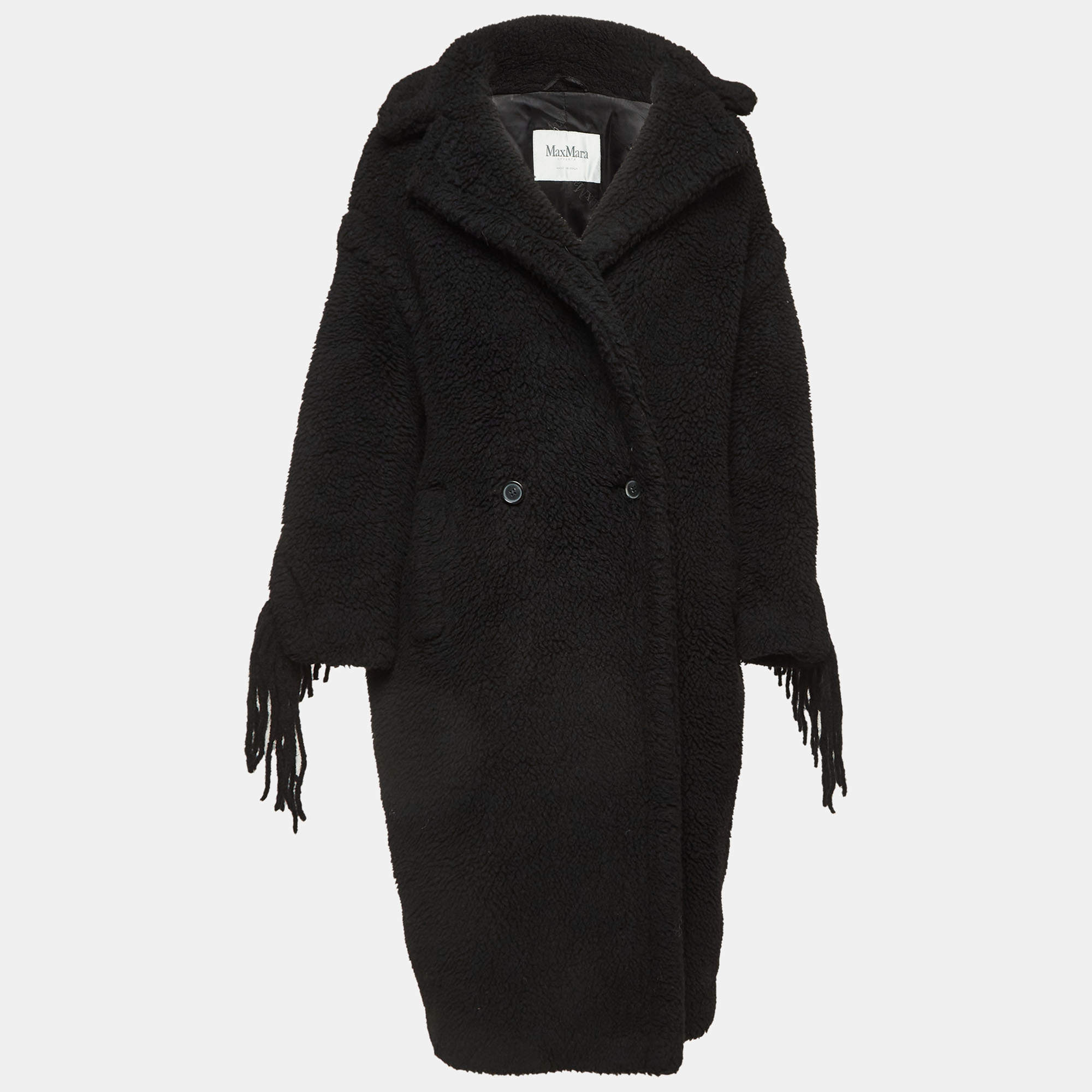 Max Mara Black Fringe Detail Wool Teddy Bear Double Breasted Coat S
