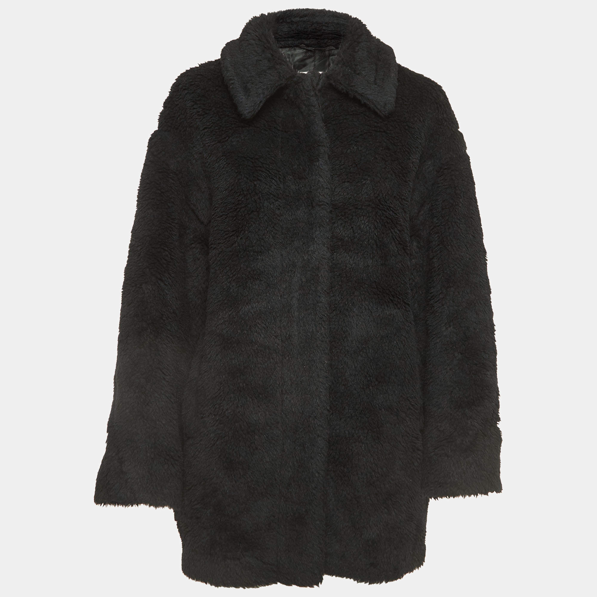 Max Mara Black Wool Teddy Bear Single Breasted Coat M