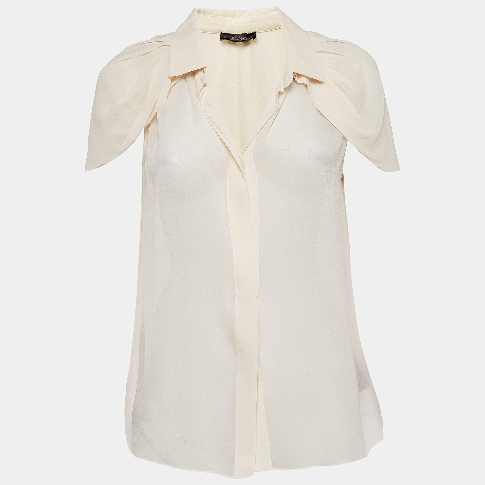 Pre Owned Max Mara Cream Silk Crepe Cape Sleeve Semi Sheer Shirt M