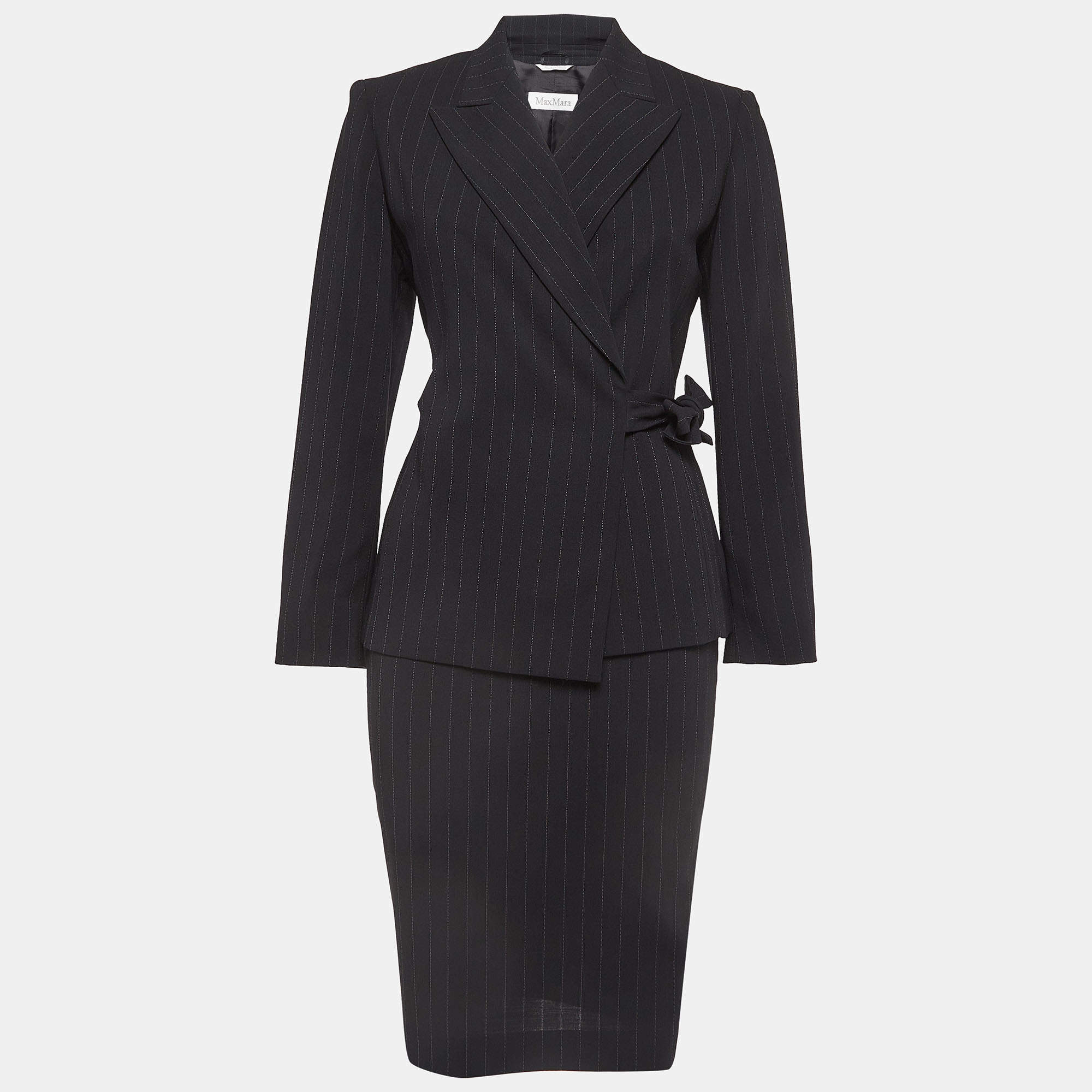 Max Mara Black Pinstripe Wool Wrap Blazer and Skirt Suit S