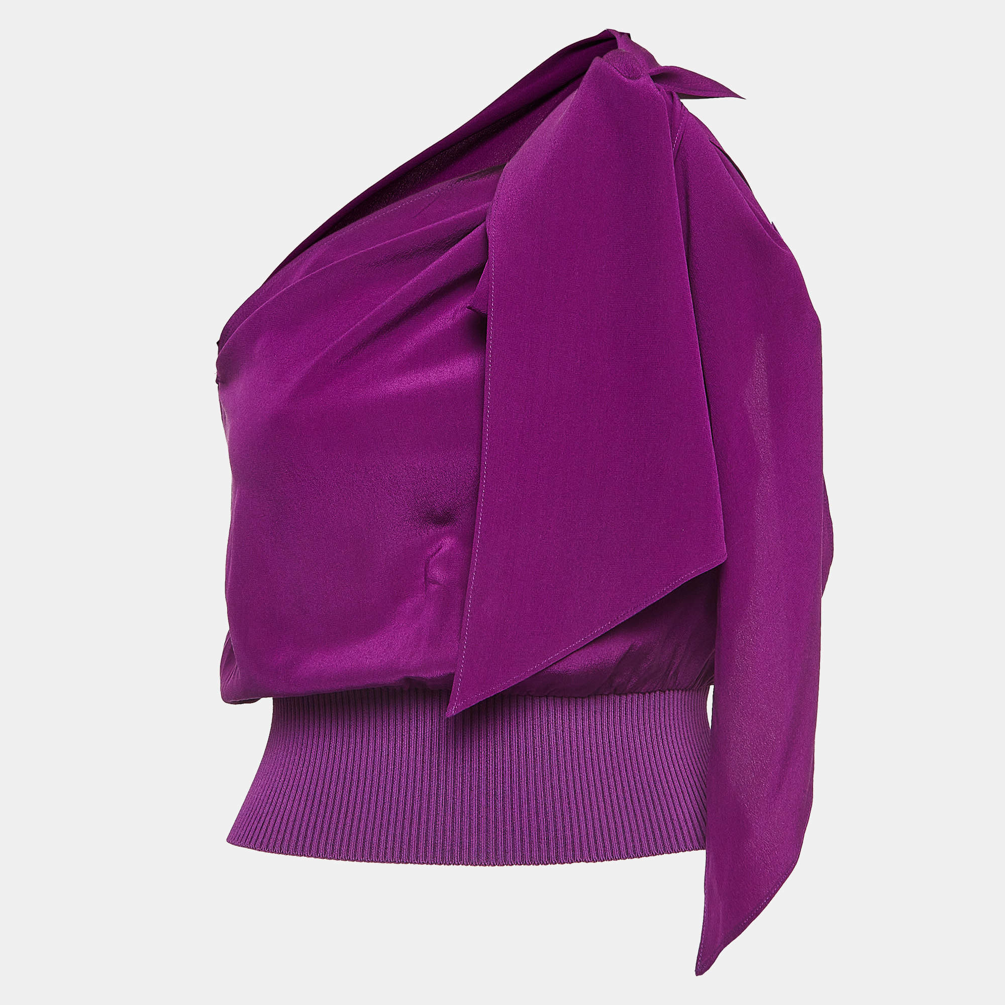 Pre Owned Max Mara Purple Silk and Rib Knit One shoulder Tie-Up Crop Top S
