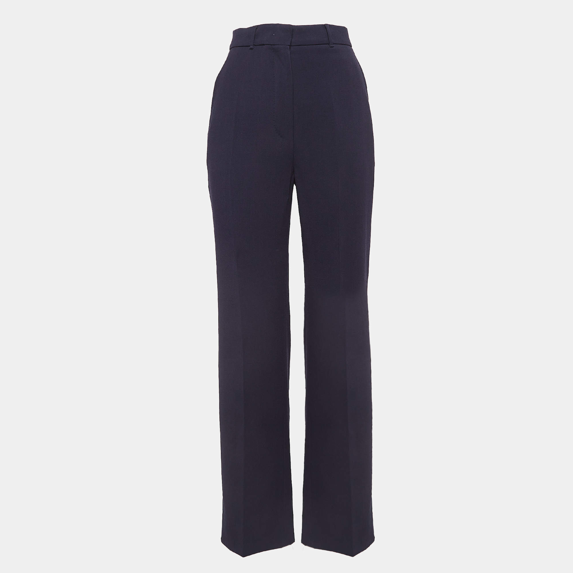 Pre Owned Max Mara Navy Blue Wool Gabardine Straight Leg Trousers S