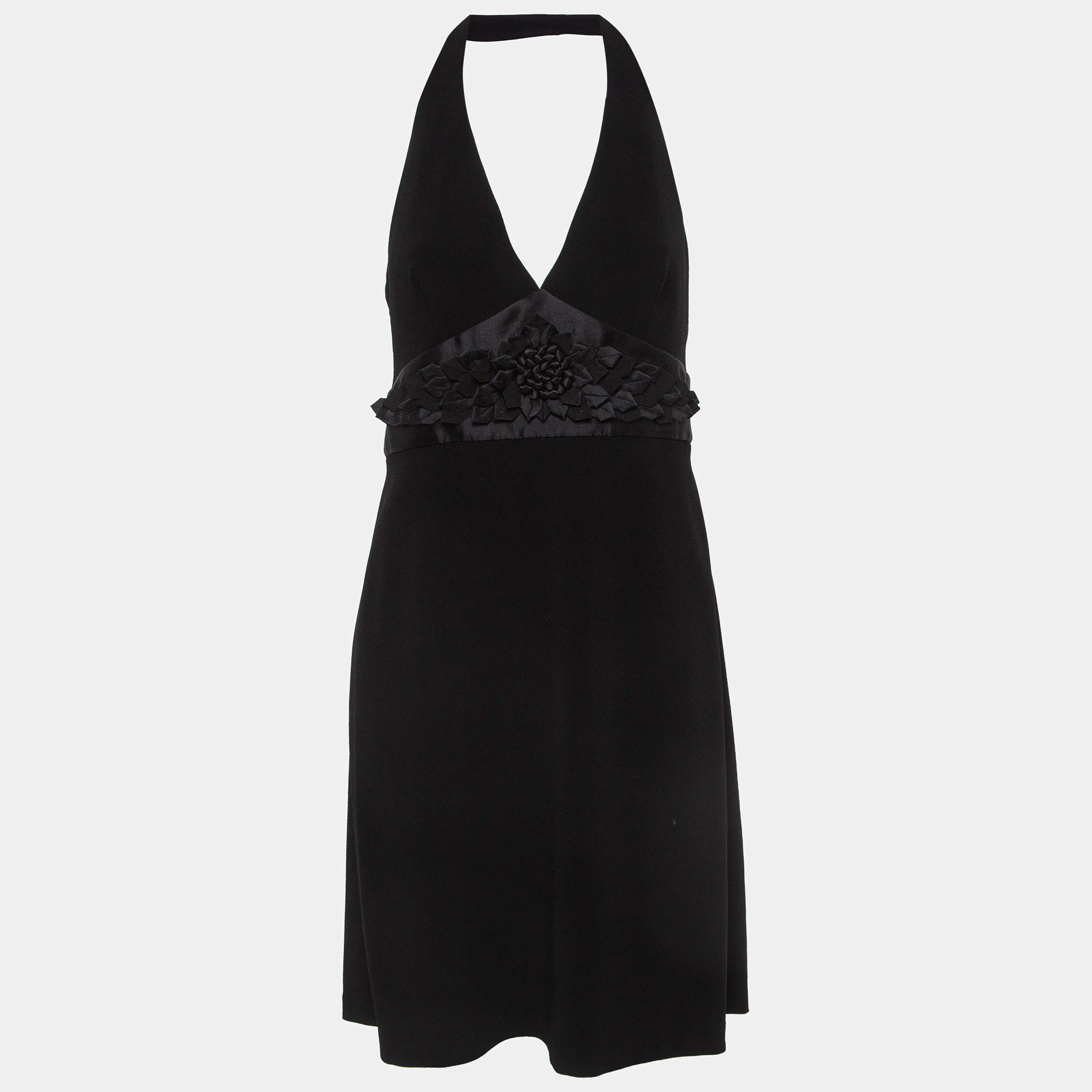 Max Mara Black Crepe Floral Detail Halter Neck Dress M